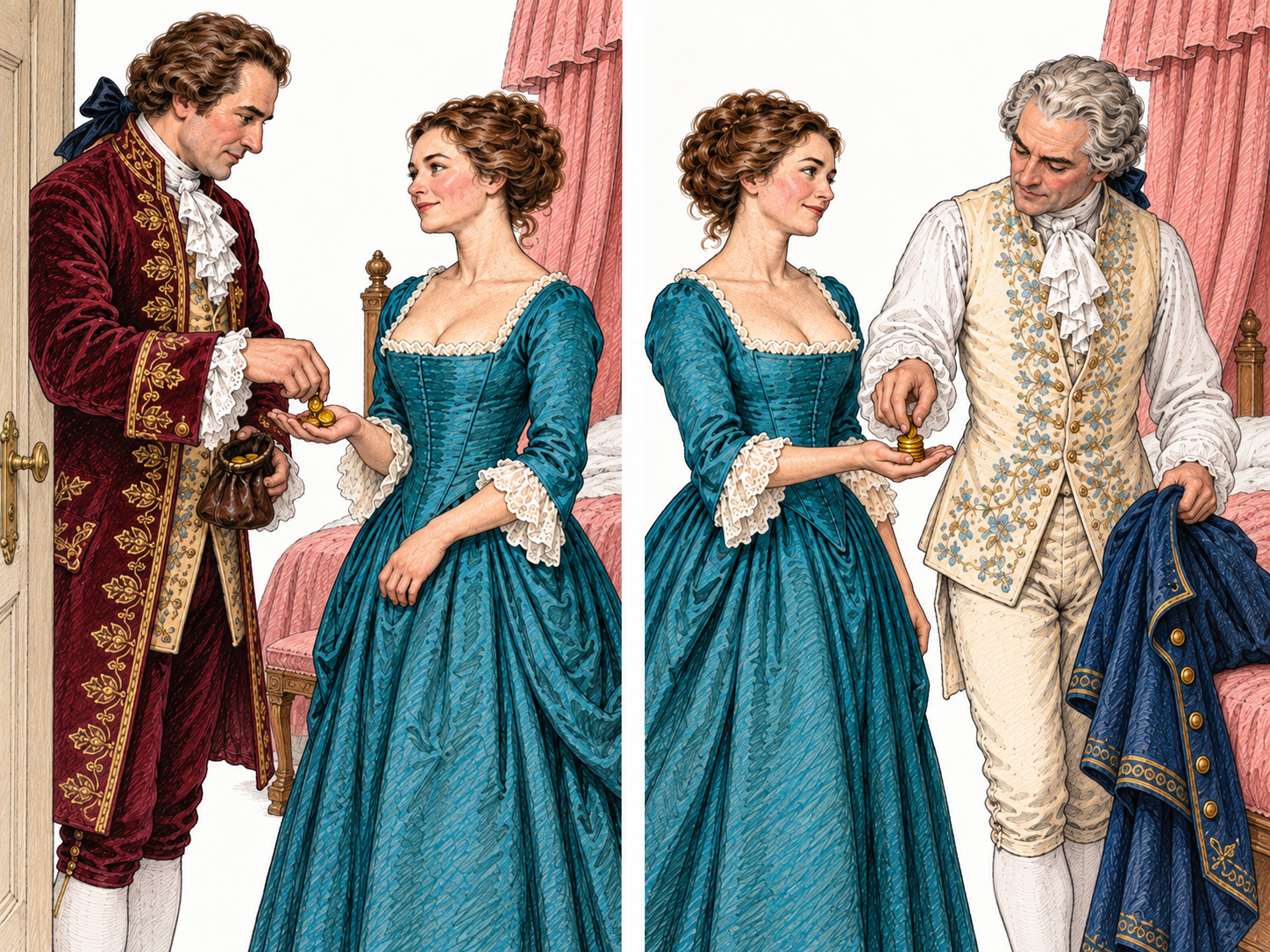 A compact two-moment sequence depicting a courtesan—a prostitute associated with wealthy or aristocratic clients—receiving direct payment from two different affluent adult visitors in the same private bedchamber.