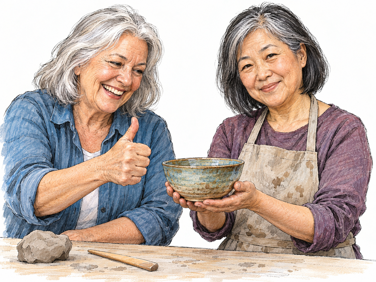 An older woman gives an unmistakable approving thumbs-up to another older woman's freshly finished ceramic bowl, smiling warmly while looking directly at the work.