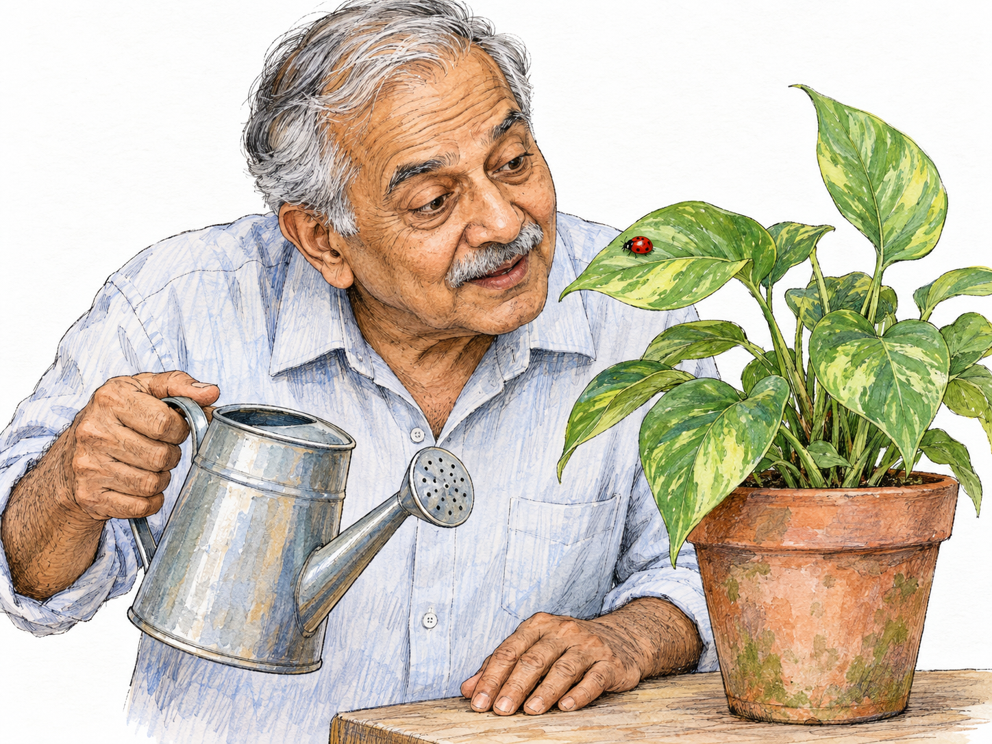 An older man pauses while watering a plant as he spots a small ladybug on a leaf.