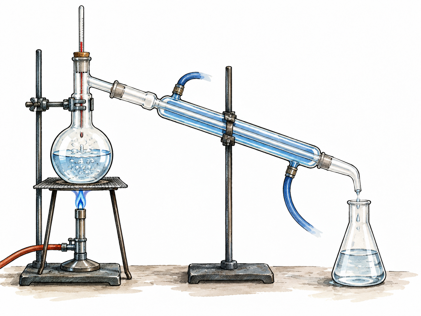 A coherent laboratory distillation apparatus with boiling flask at left, sloped water-cooled condenser and collected clear liquid at right.