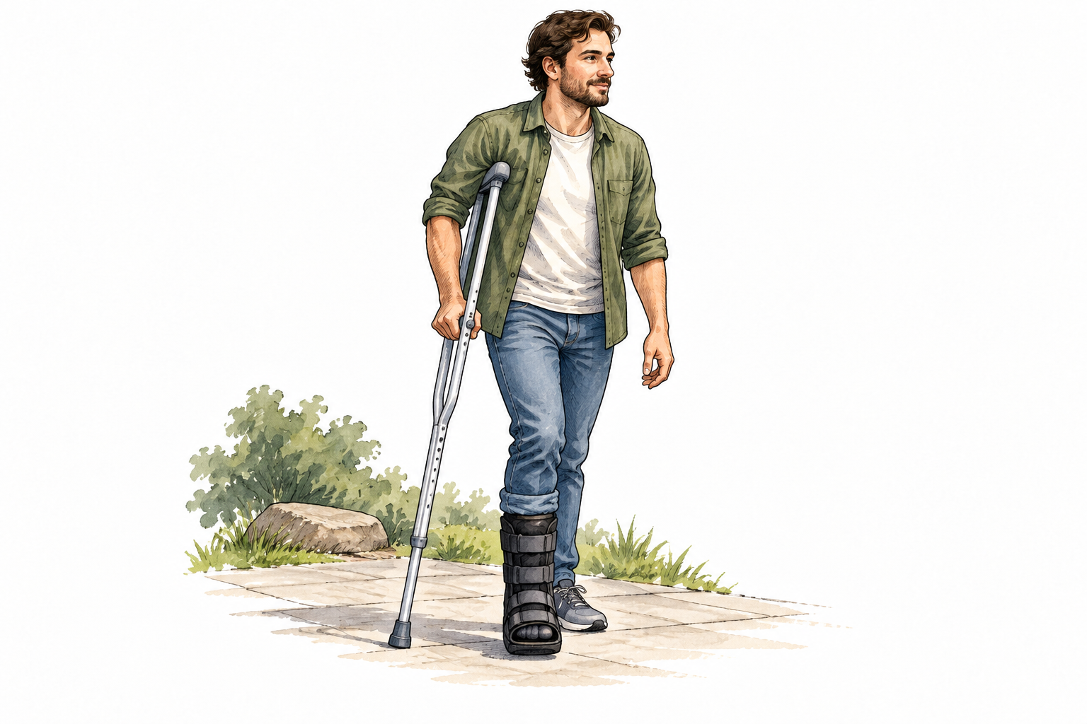An adult uses a properly fitted underarm crutch with weight borne through handgrip, top cushion below the armpit, injured foot protected.