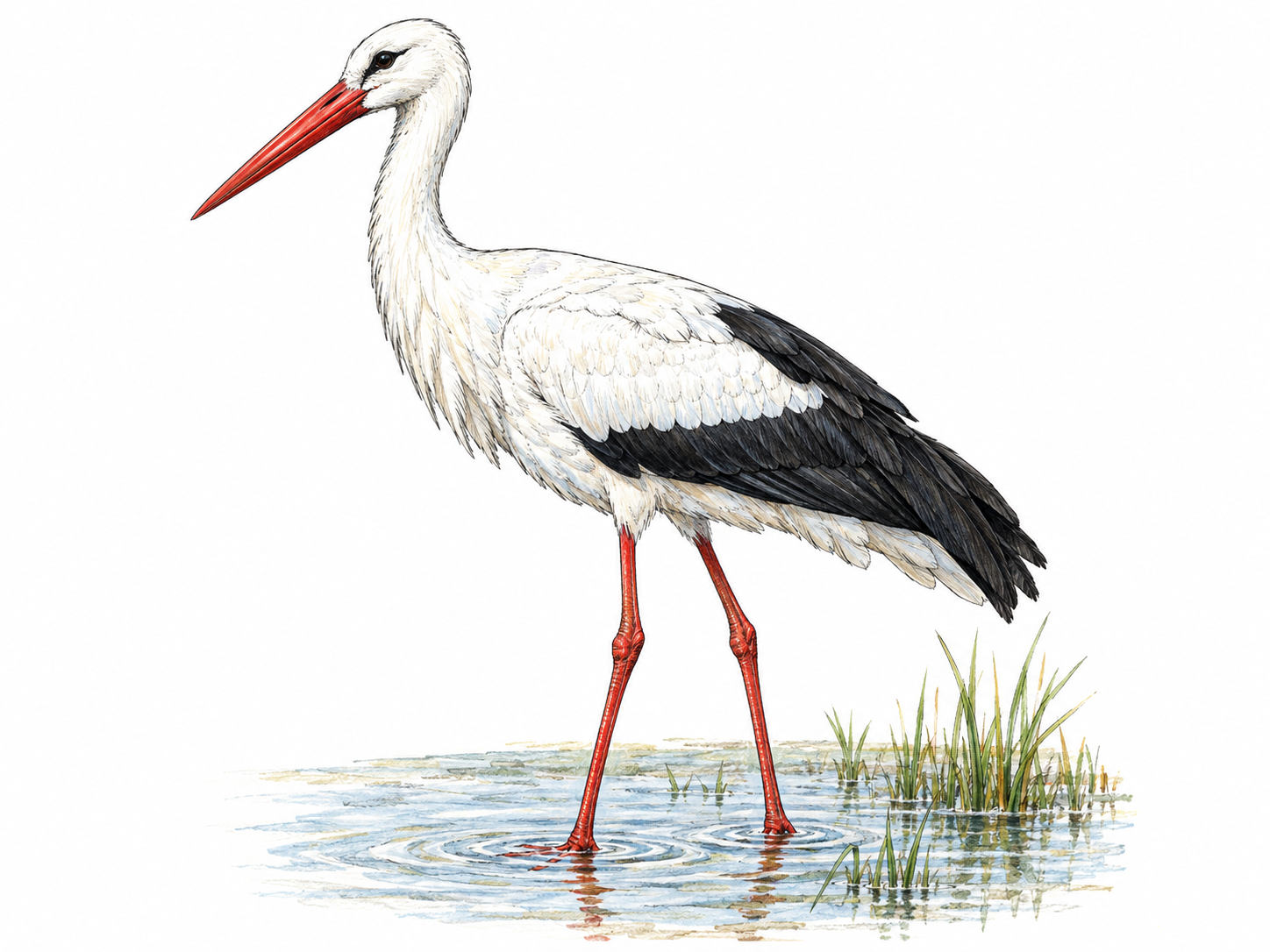 A single white stork standing in shallow water, with its long red legs and long straight red bill clearly visible, white body and contrasting black folded flight feathers.