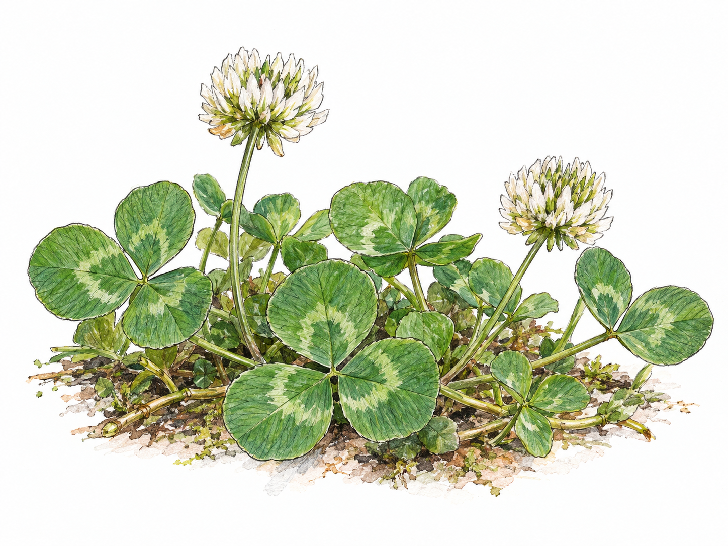 A small, low-growing patch of white clover, with clearly separated three-leaflet leaves, creeping stems, and a few rounded white flower heads.