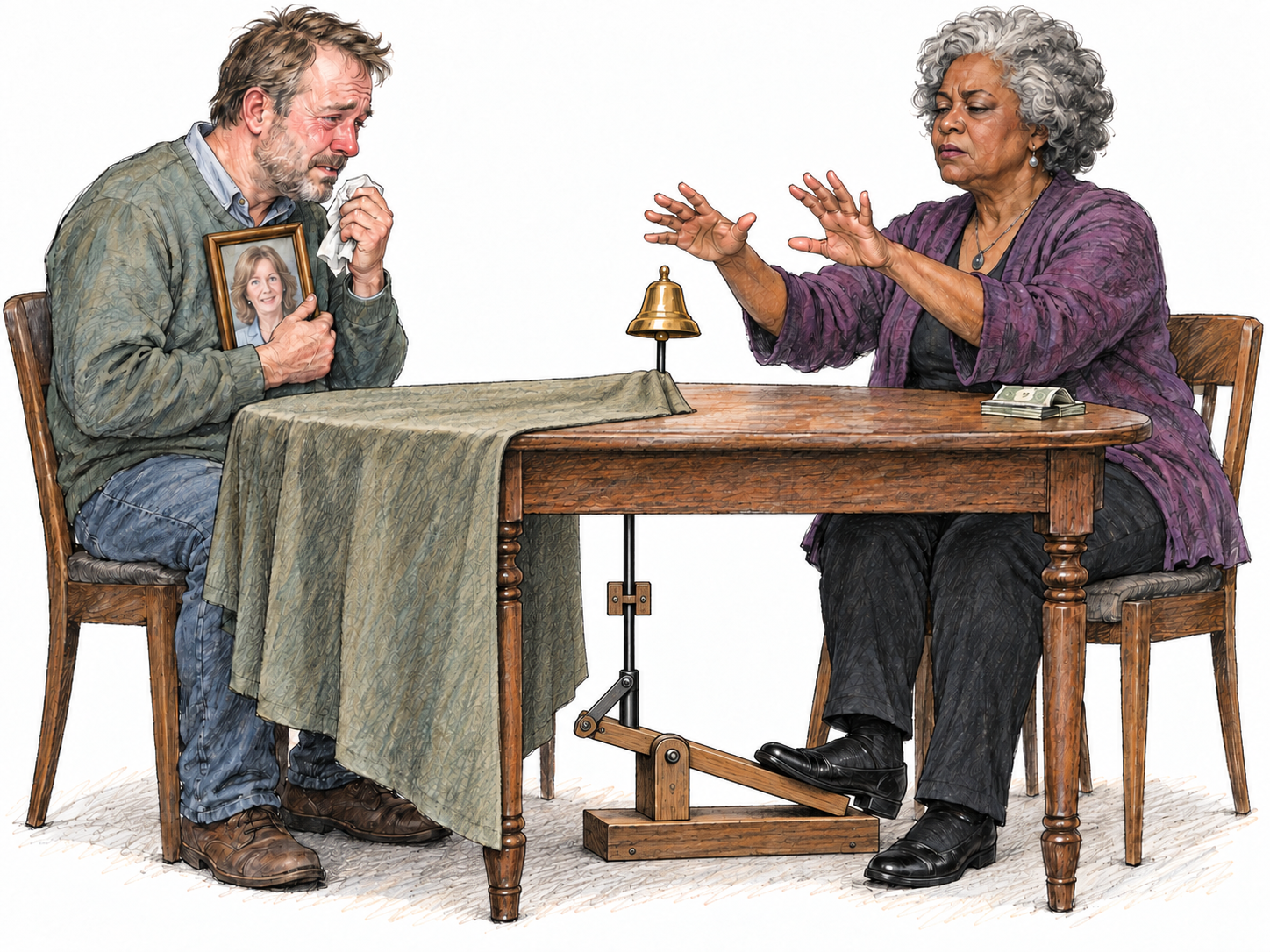 A fraudulent medium presents a secretly manipulated bell as contact with a client's deceased loved one.
