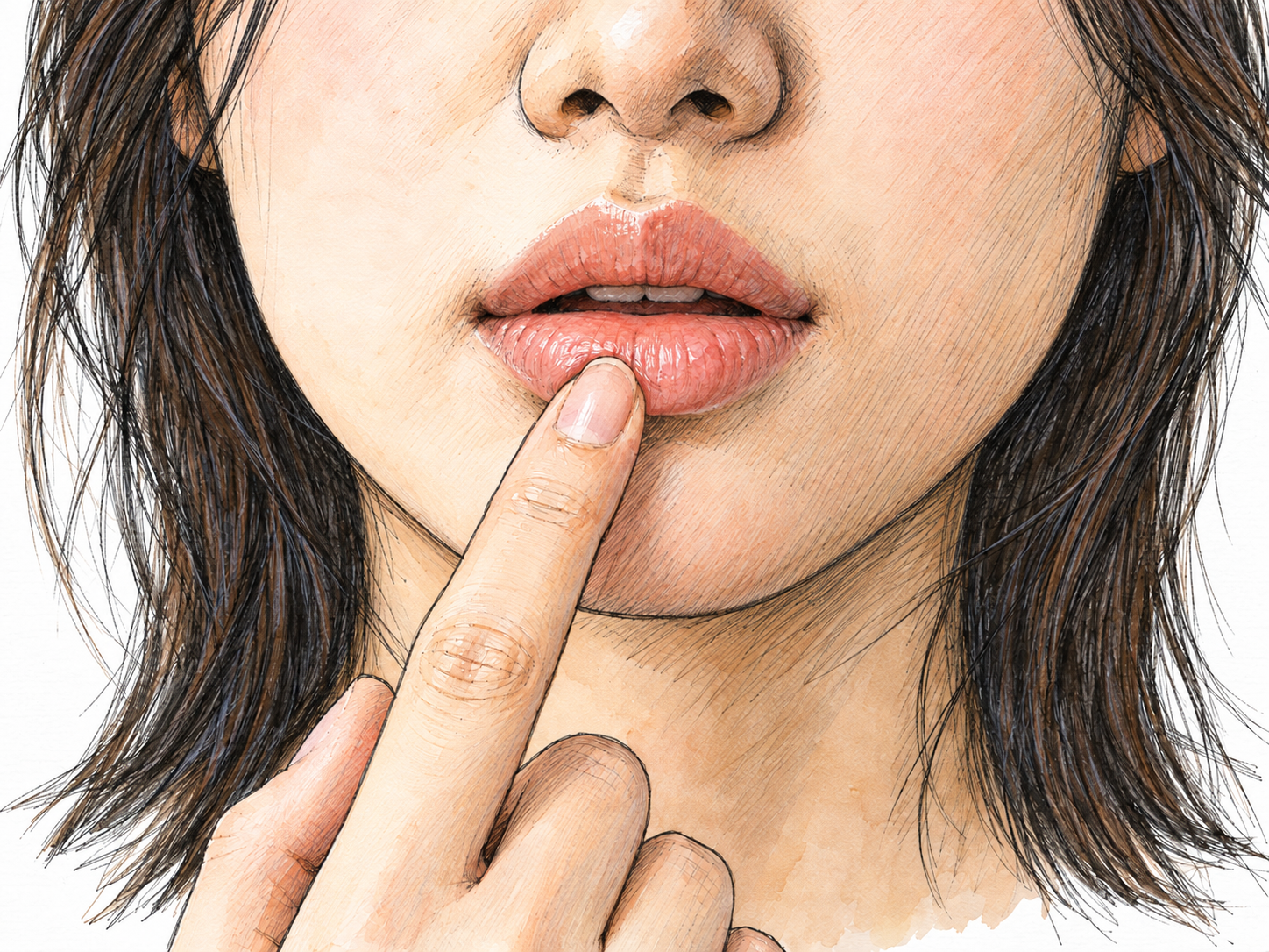 A close-up of a relaxed mouth, with a fingertip gently touching the center of the lower lip to single out one soft edge rather than the mouth as a whole.