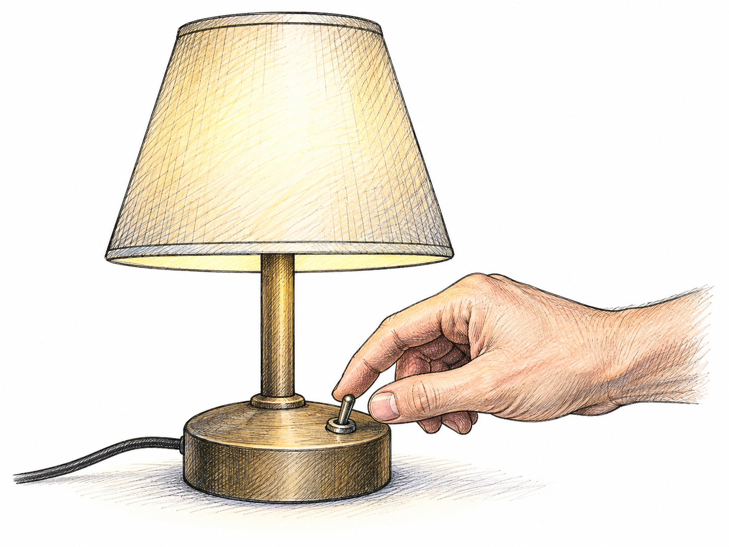 A plain practical lamp has one obvious toggle switch, clean straightforward construction and no extra controls, a hand uses the single switch easily.