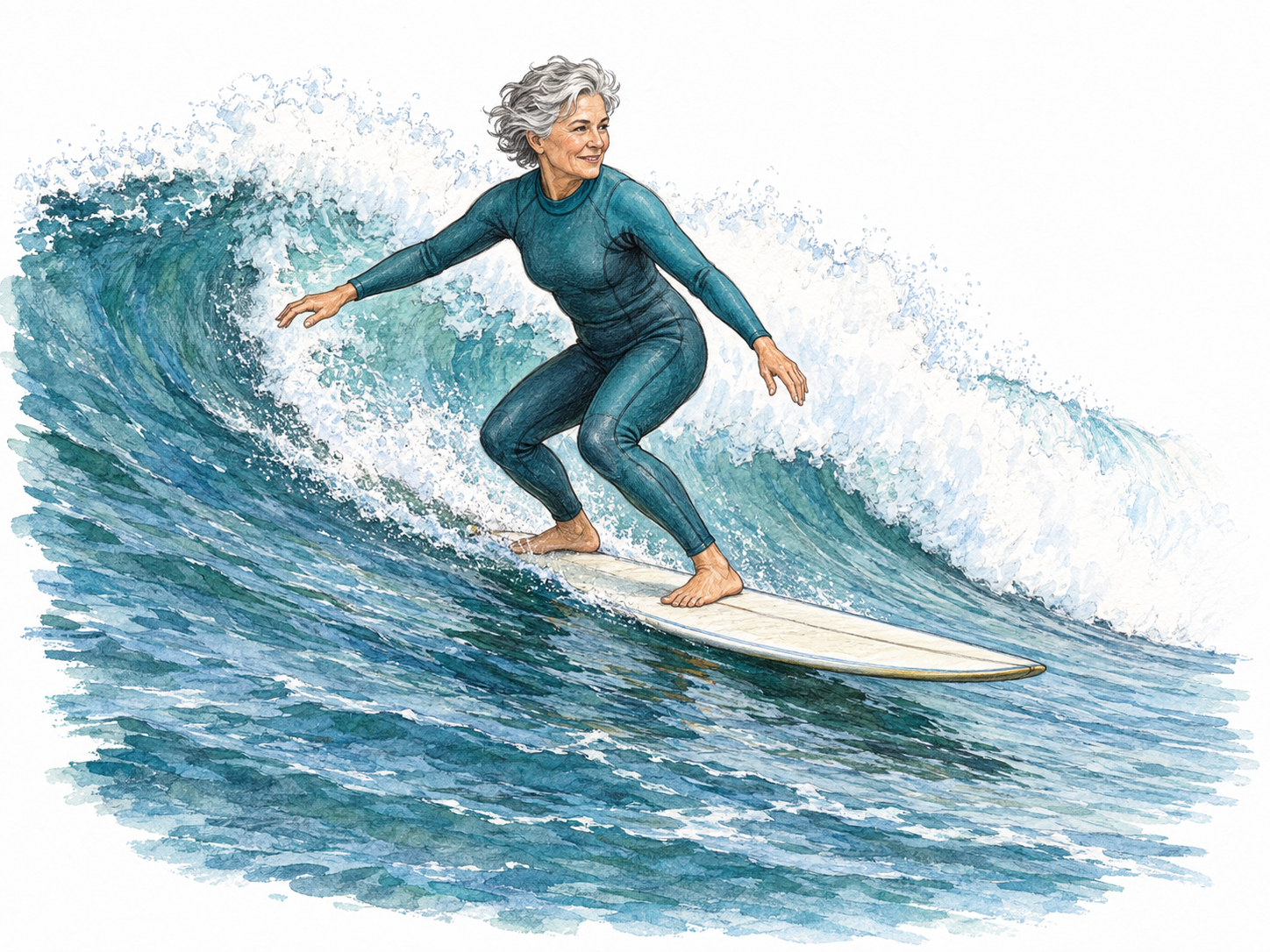 An older woman rides a surfboard diagonally along the face of a breaking ocean wave, knees bent and arms extended for balance.