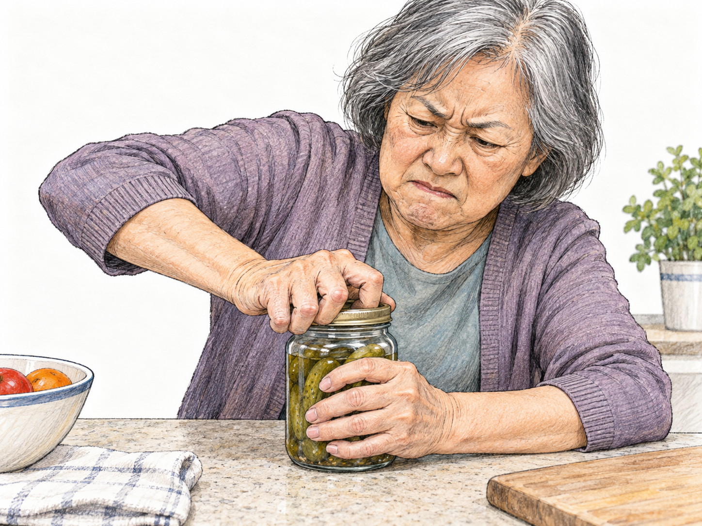 An older woman strains to loosen a tightly sealed jar lid, but her grip slips and the lid remains firmly seated: a concrete depiction of insufficient strength and ineffective effort.