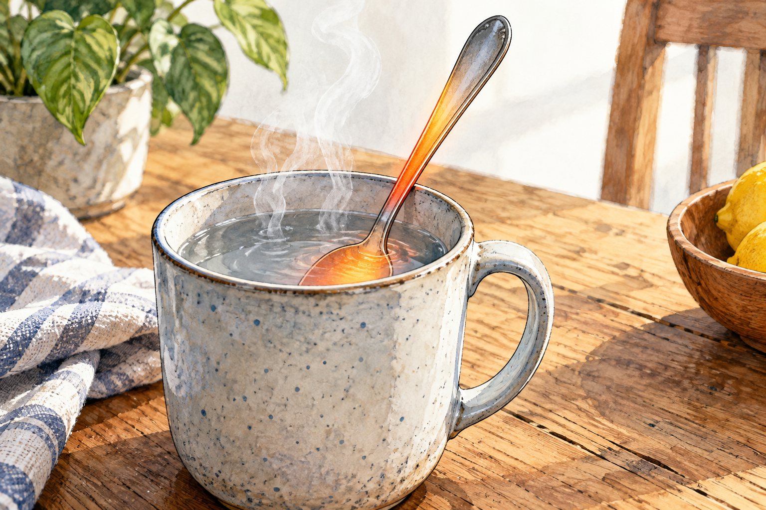 A metal spoon rests in a mug of hot water, with a restrained warm orange glow gradient moving from submerged spoon bowl along the solid handle to illustrate heat conduction through metal; steam rises from water.