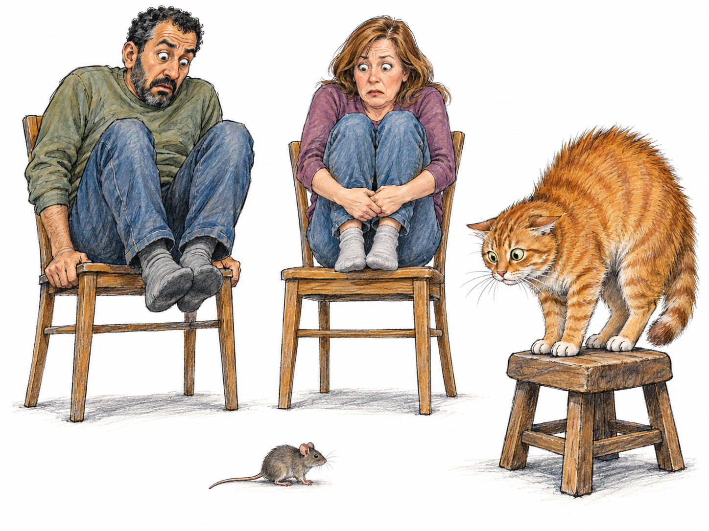 A tiny mouse frightens two adults—and even the cat.