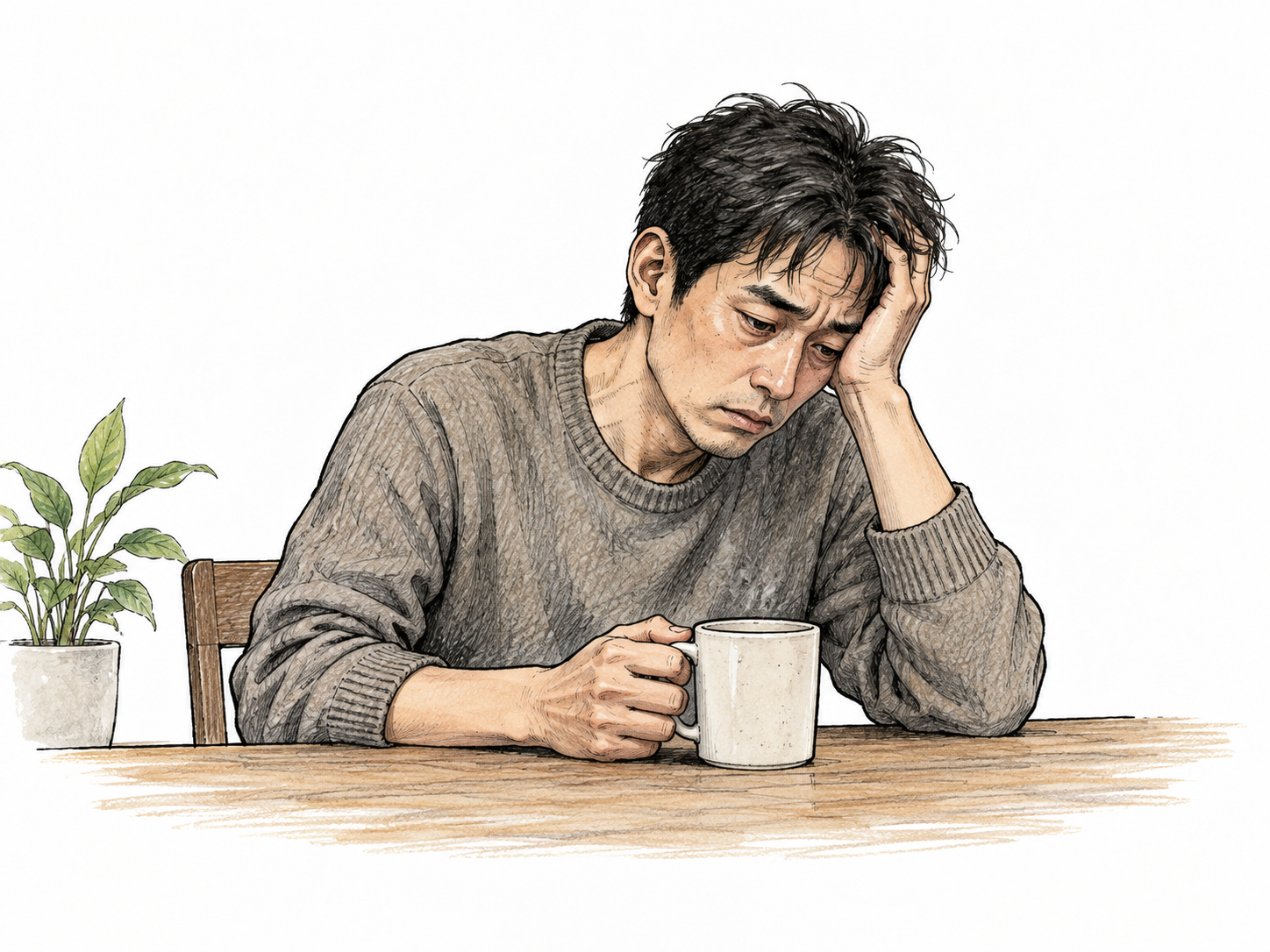 A tired adult after long work sits quietly with strained gaunt face, lowered eyes and tense mouth, plain sweater and cup; respectful natural exhaustion.