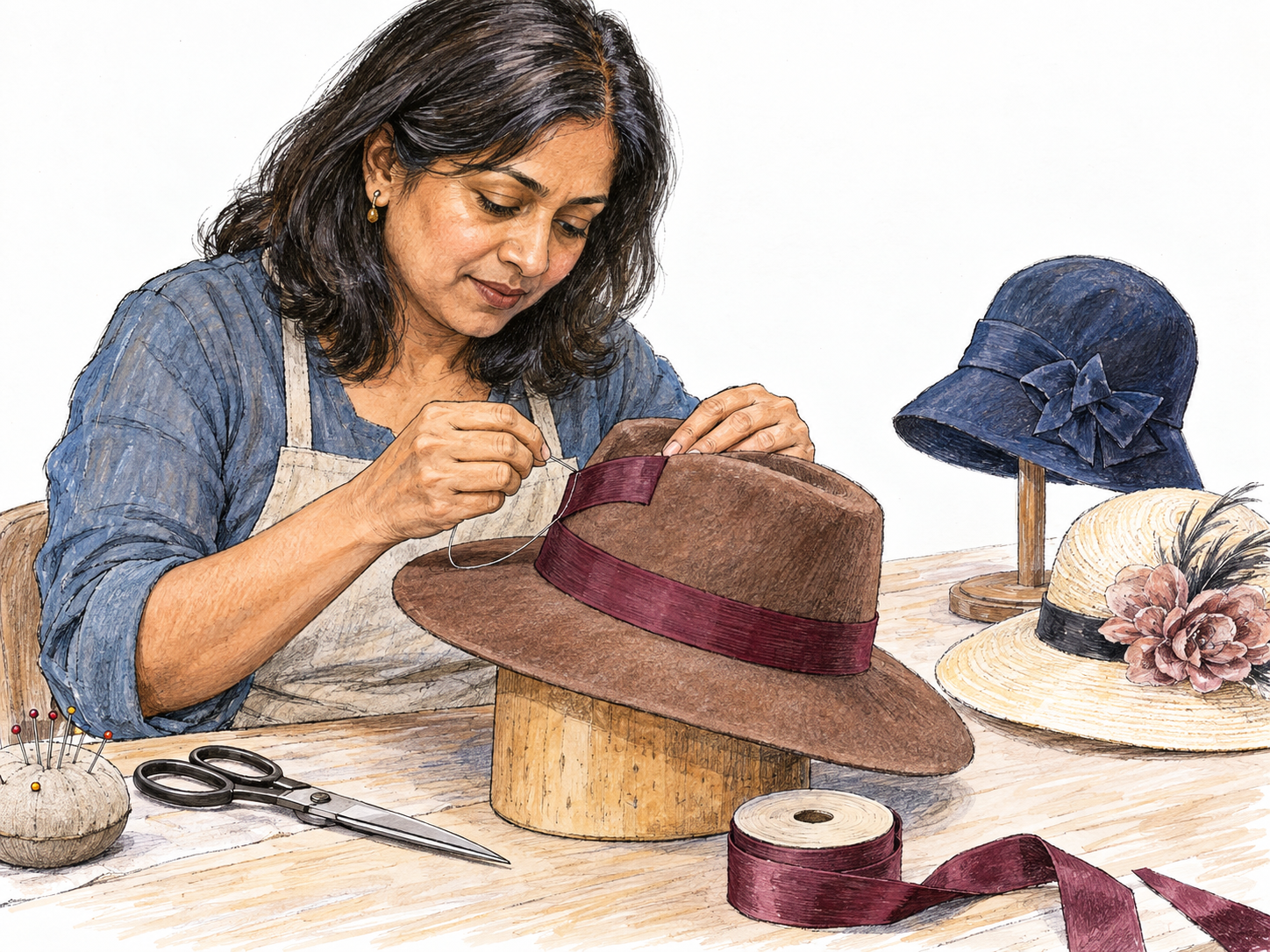 A milliner hand-stitches a ribbon band onto a structured hat resting on a wooden hat block, with two finished hats and hatmaking tools beside her.