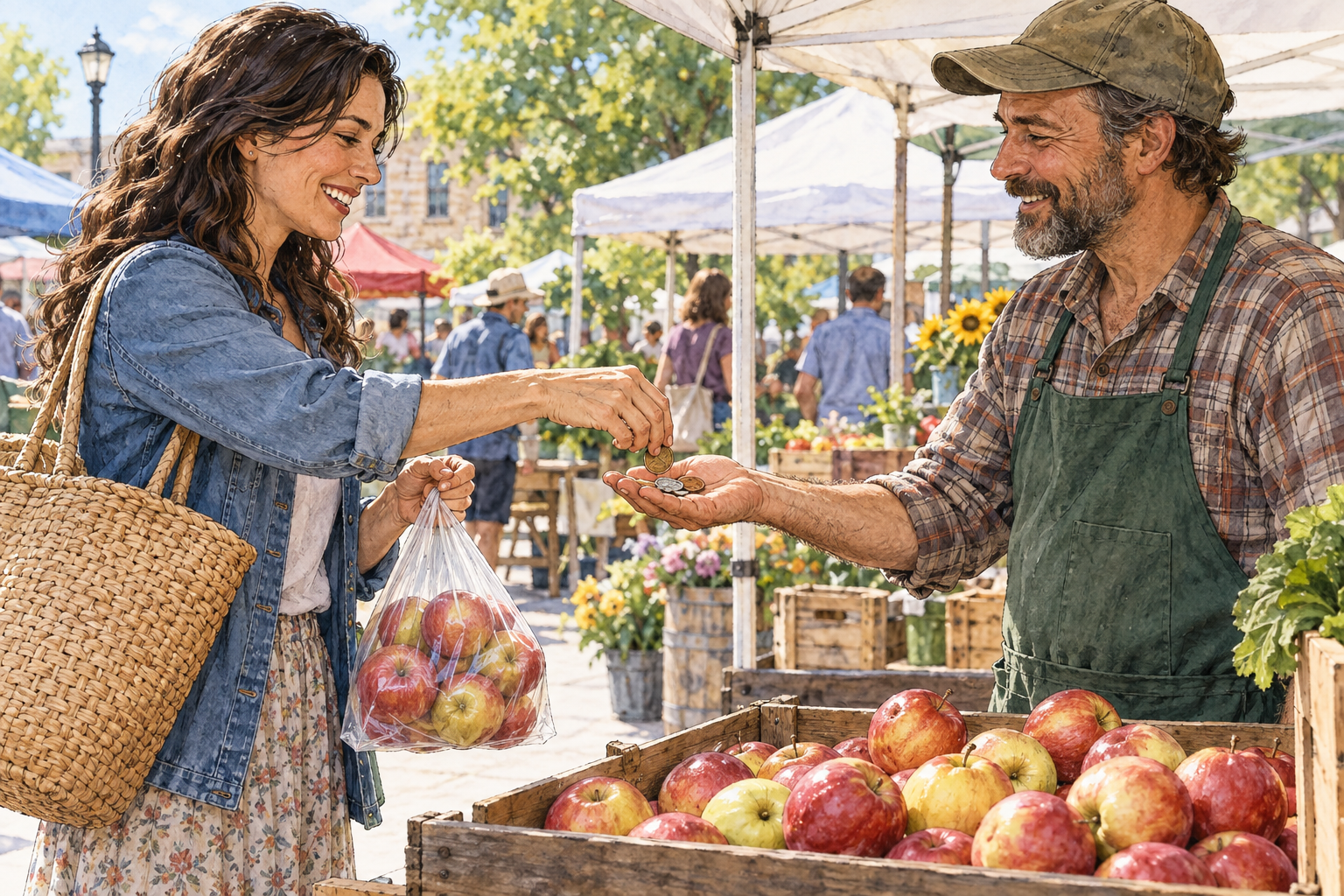 A customer pays a market vendor by placing several coins into the vendor's open palm while receiving a bag of fresh apples.