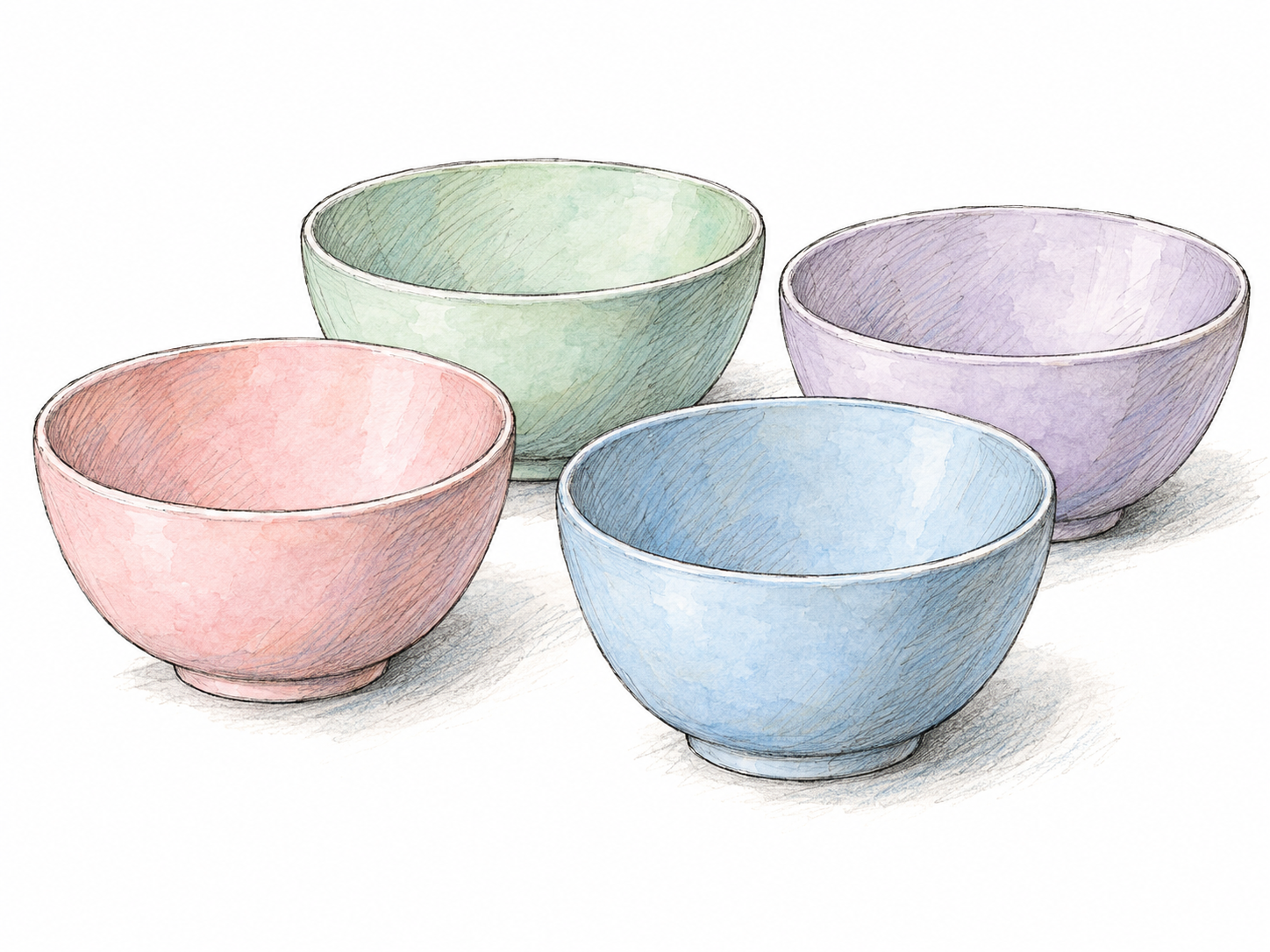 A small still life of matte ceramic bowls in distinctly pale blush pink, mint green, powder blue, and soft lavender, making pale, soft color the dominant visible feature.
