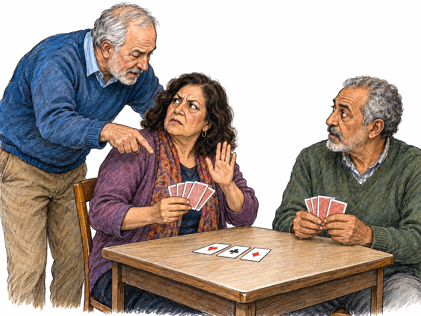 An uninvited standing spectator leans over a seated card player's shoulder, pointing at her hand and saying, “Play that one!” She turns toward him with an irritated expression and a raised stop palm, replying, “Let me play.” A second seated player waits across the table, making the spectator's nonplaying role clear.