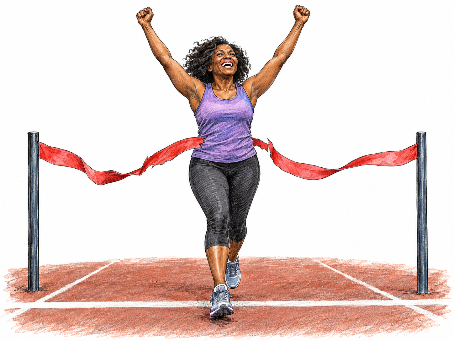 A race winner beams with triumphant joy immediately beyond a broken finish ribbon, both fists lifted high.