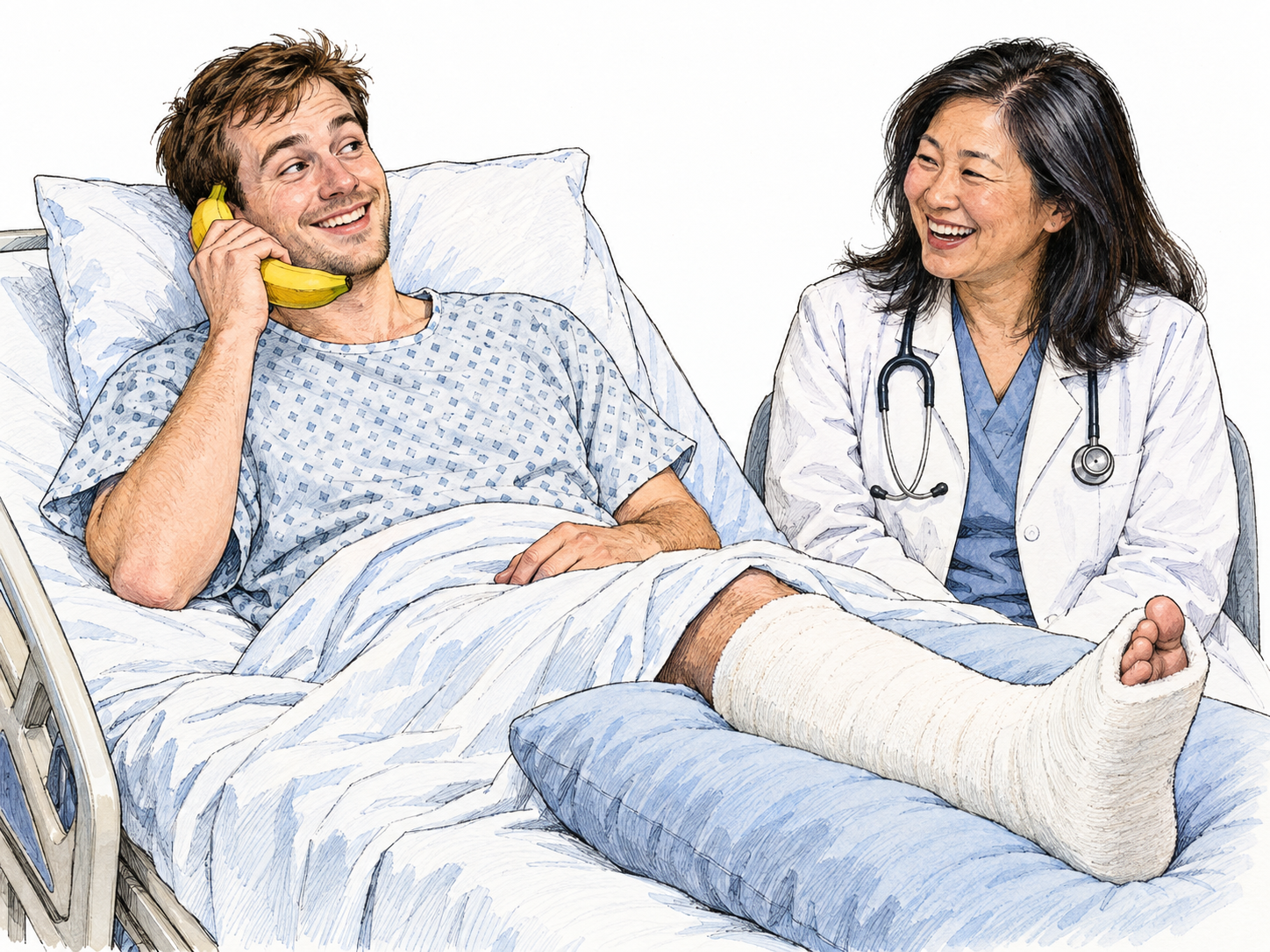 A hospitalized man with a leg in a cast playfully holds a banana to his ear like a telephone, making the physician beside his bed laugh.