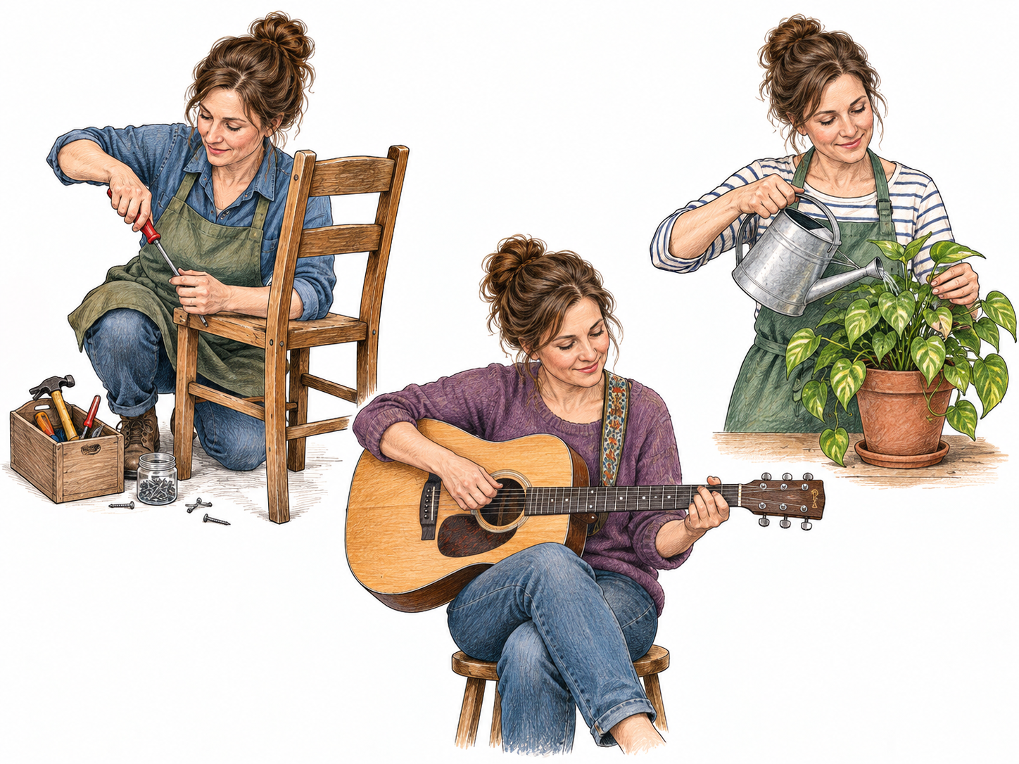 The same adult competently repairs a chair, plays a guitar and tends a plant in three small vignettes; versatility across different skills, no captions.