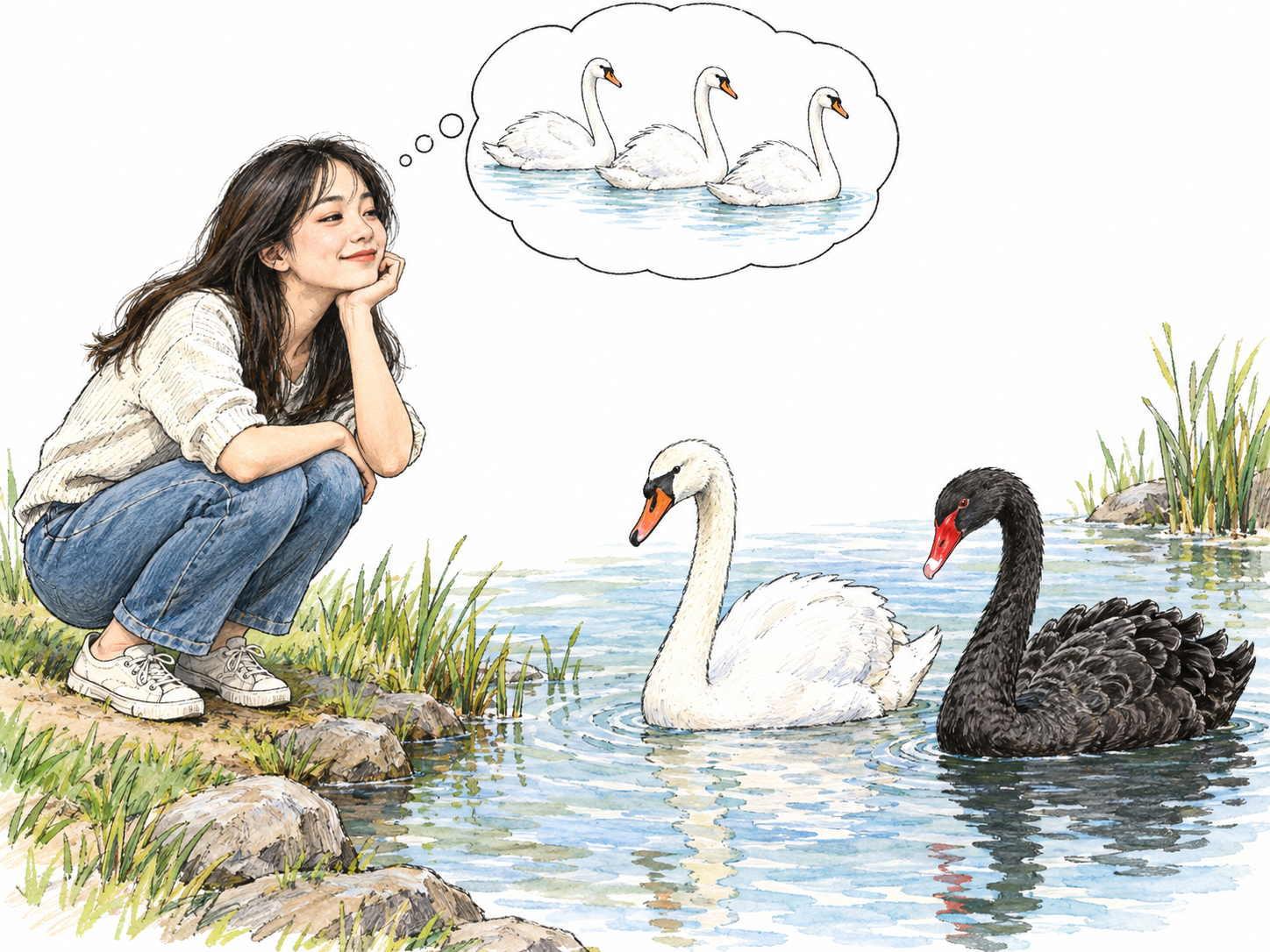 A woman imagines only white swans while overlooking a black swan swimming beside a white one: a concrete mistaken generalization contradicted by an observable exception.