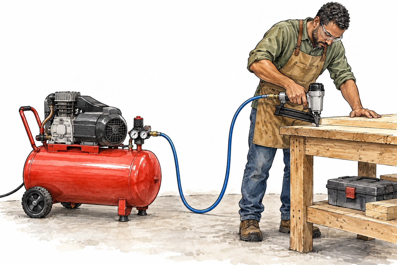 A small realistic workshop air compressor with electric motor, horizontal pressure tank and hose feeding an air tool; unlettered surfaces.
