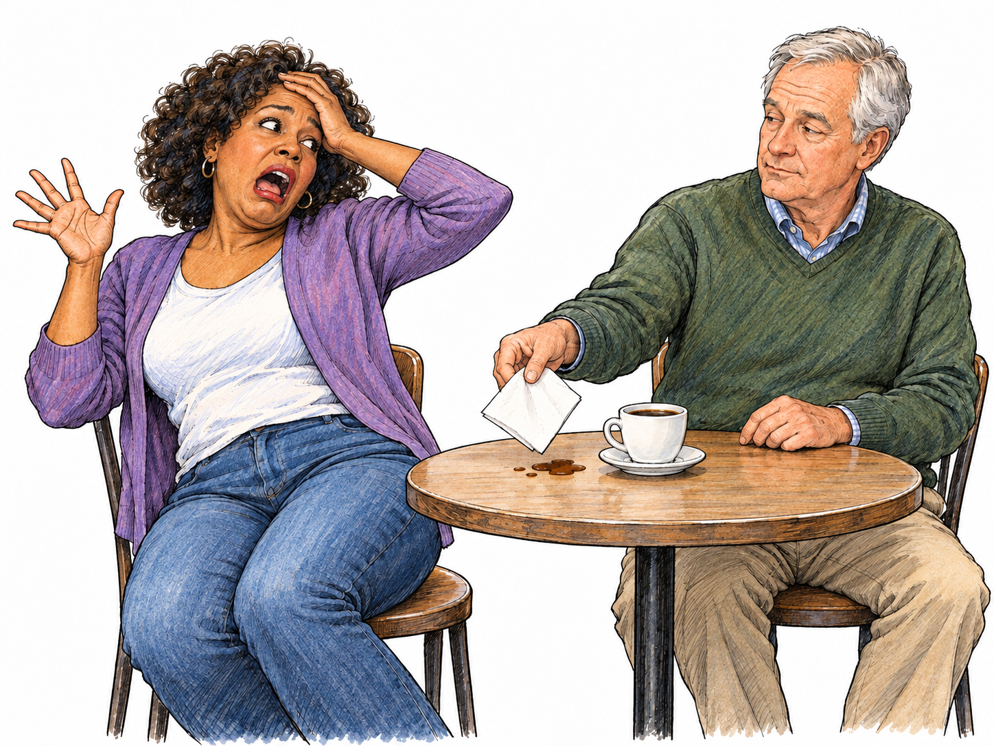 At a casual table, a woman makes an extravagantly staged show of dismay over a tiny coffee spill, checking whether her unimpressed companion is watching.