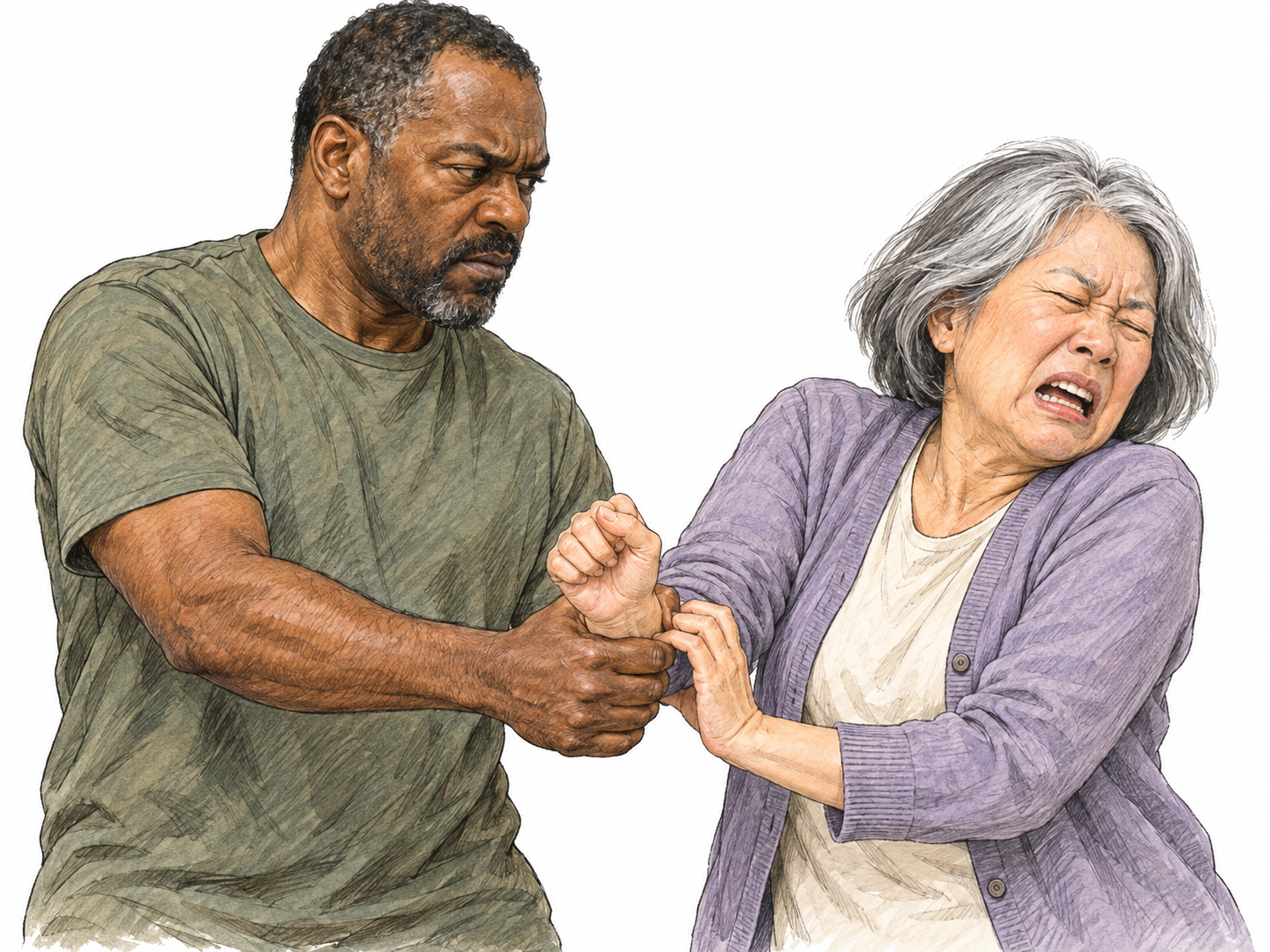 A man forcefully twists a woman's wrist, visibly causing her pain.