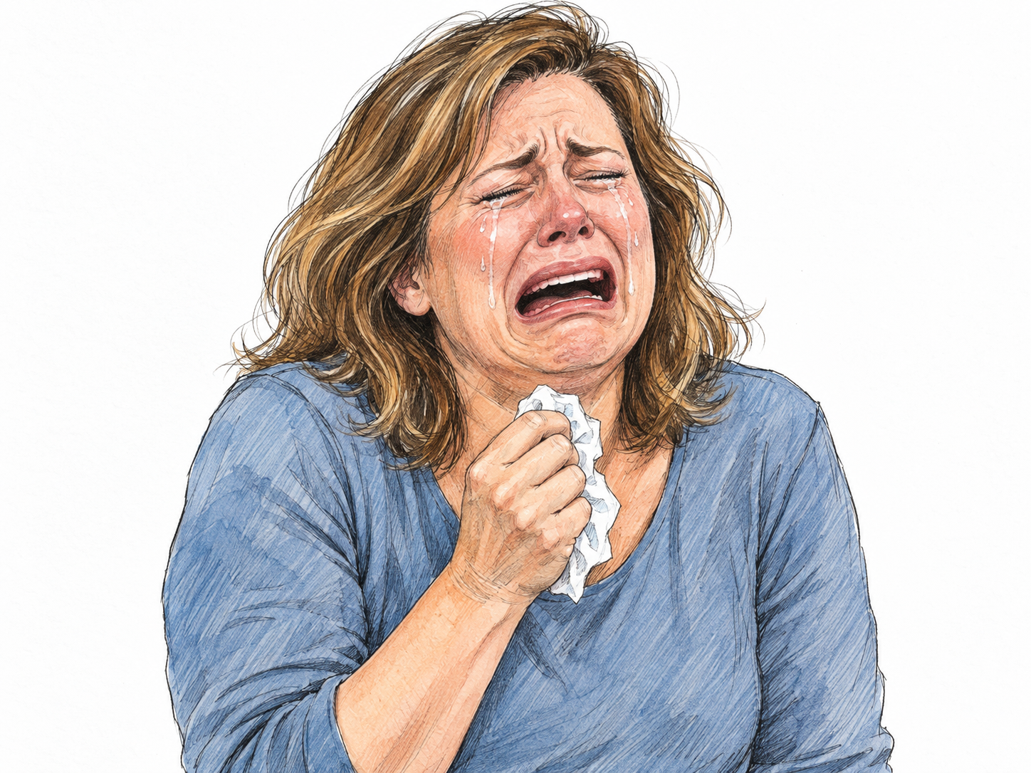 A woman bawling with her mouth wide open, tears streaming down both cheeks, eyes squeezed shut, and shoulders hunched in forceful sobbing.