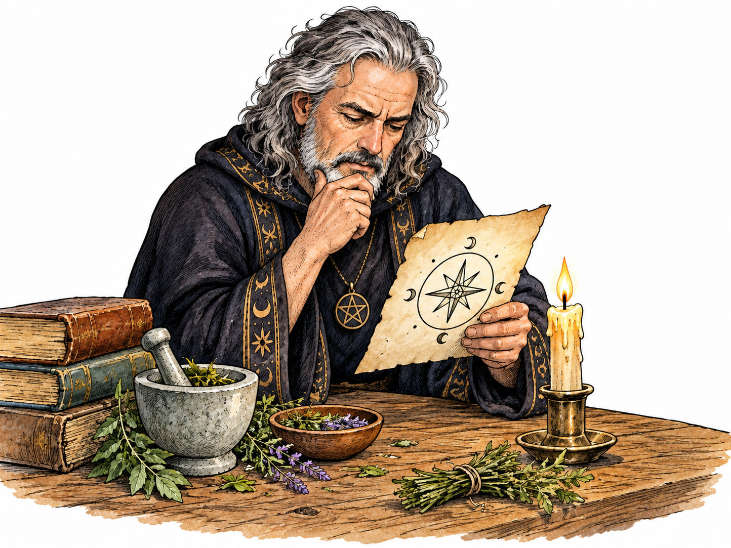 A fictional adult male warlock in a historically inspired robe studies a small symbolic spell diagram beside herbs and a candle; fantasy belief context, no real ritual instructions or ethnic caricature.