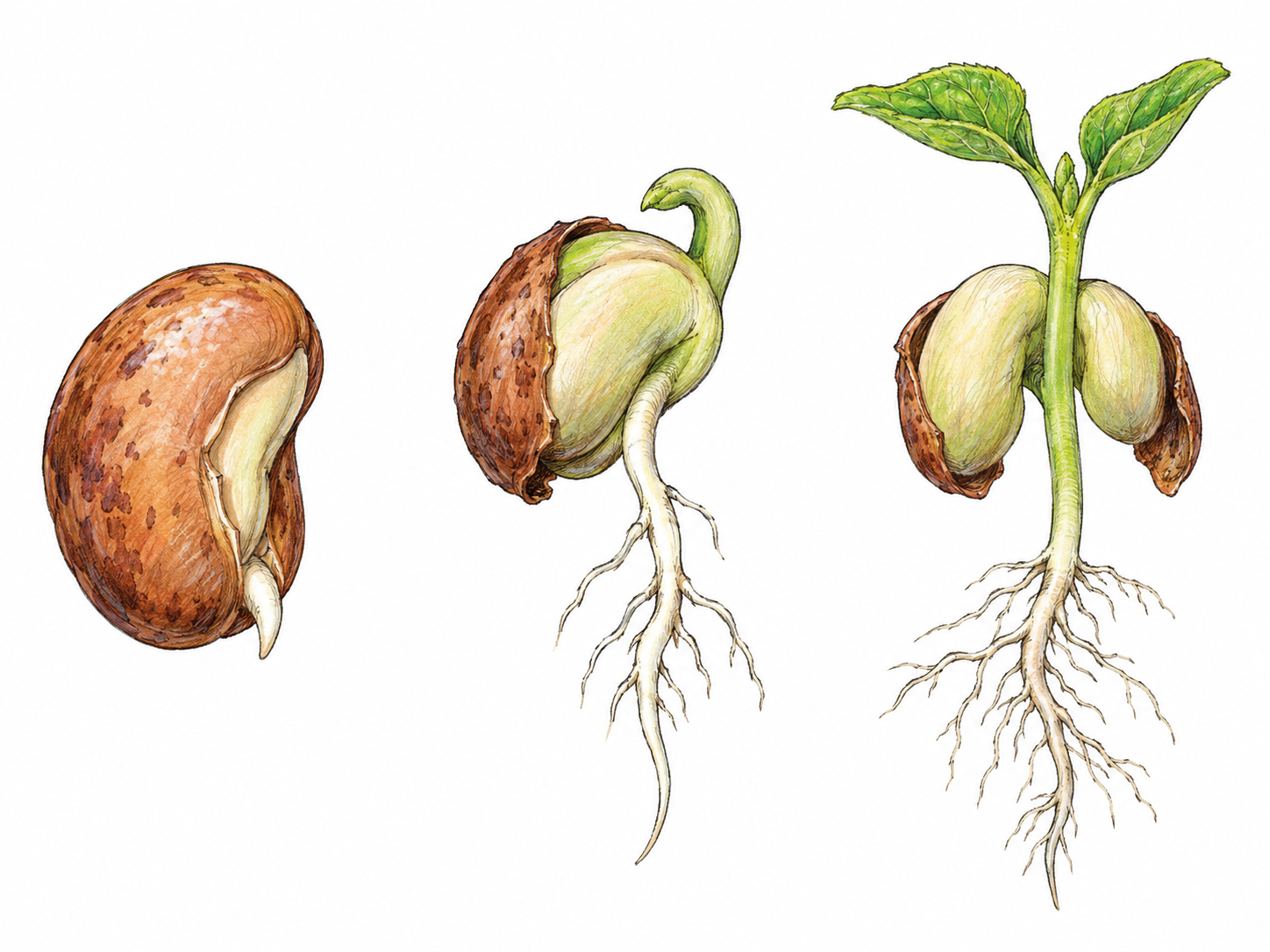 A simple left-to-right botanical sequence showing a bean seed splitting its coat, extending its first root, and lifting a small shoot with newly opening leaves.
