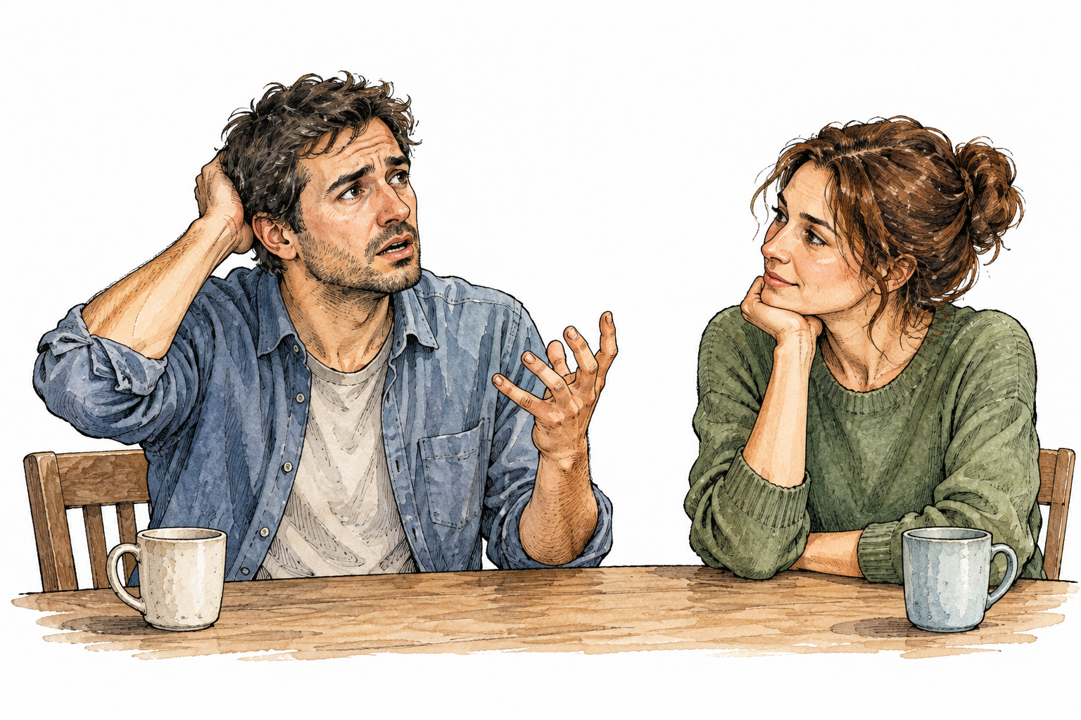 Adult struggles to express an idea, hesitant open mouth and uncertain hand gestures while patient friend listens, compassionate realistic depiction.