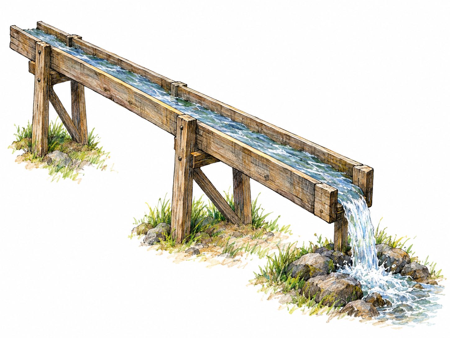 A narrow raised wooden flume carries flowing water downhill along an open trough, with visible ripples and a small spill from its open end.