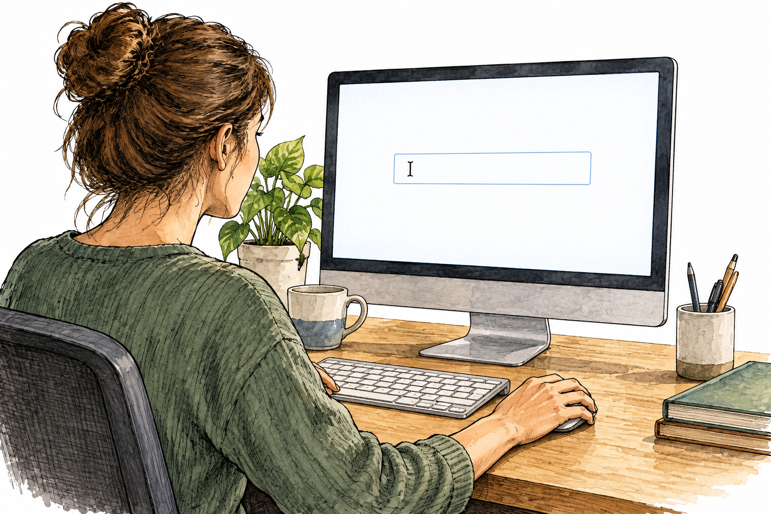 A person at an ordinary computer screen displaying a simple blank text box with one unmistakable I-beam insertion cursor, no written instructions or headings.