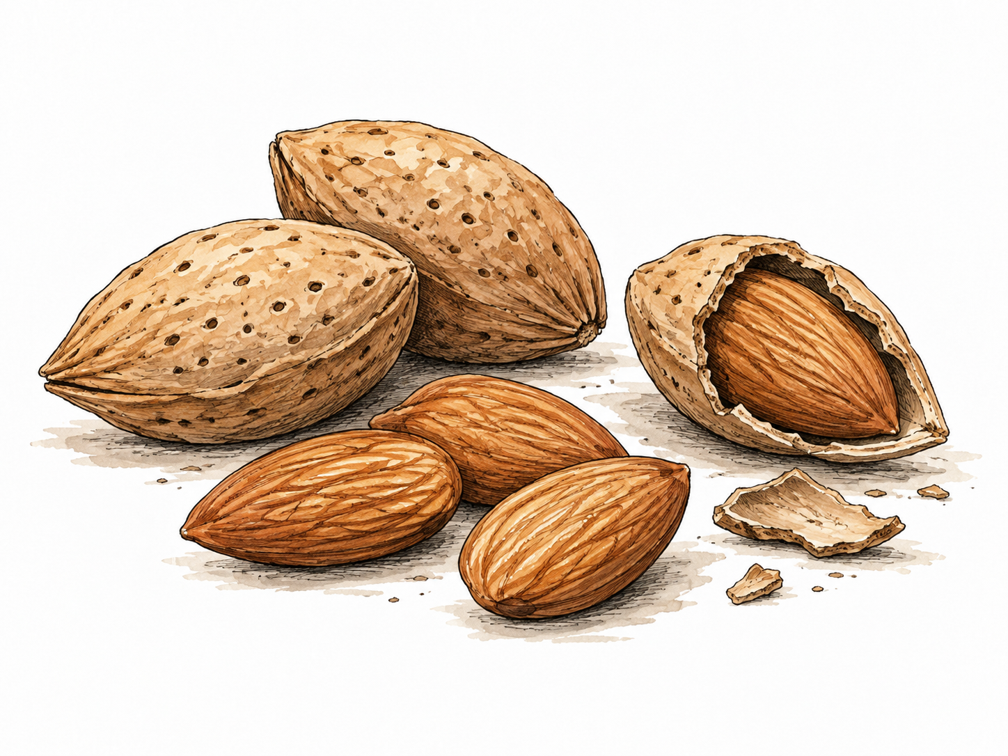 Several almonds in shells and peeled edible kernels.