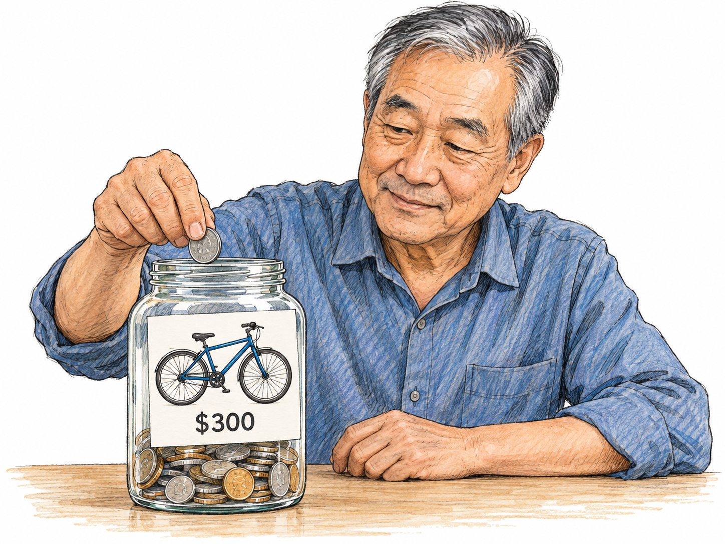 An older man saves toward a bicycle: he places a coin into a partly filled clear savings jar bearing a simple bicycle picture and a $300 target.