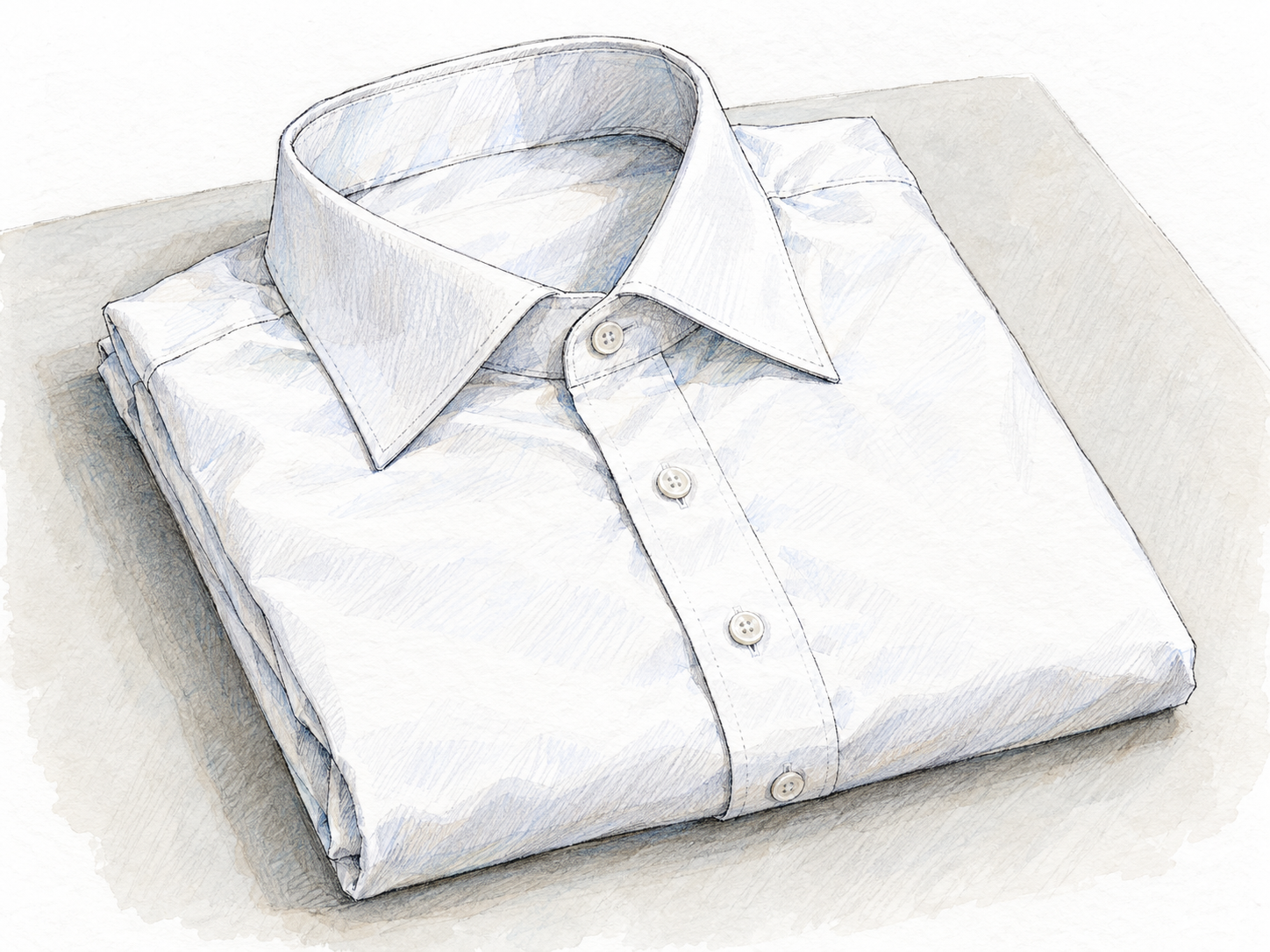 An immaculate white dress shirt, freshly pressed and precisely folded, with a spotless collar, smooth fabric, evenly aligned buttons, and neatly tucked sleeves.