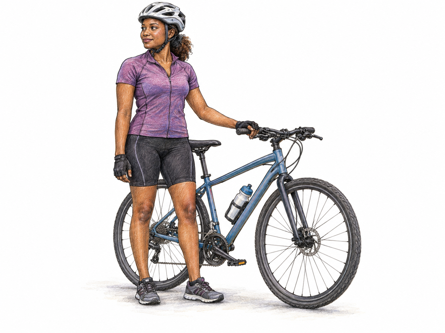 A fully equipped cyclist stands beside her bicycle, helmet fastened and one hand on the handlebar, prepared to set off.