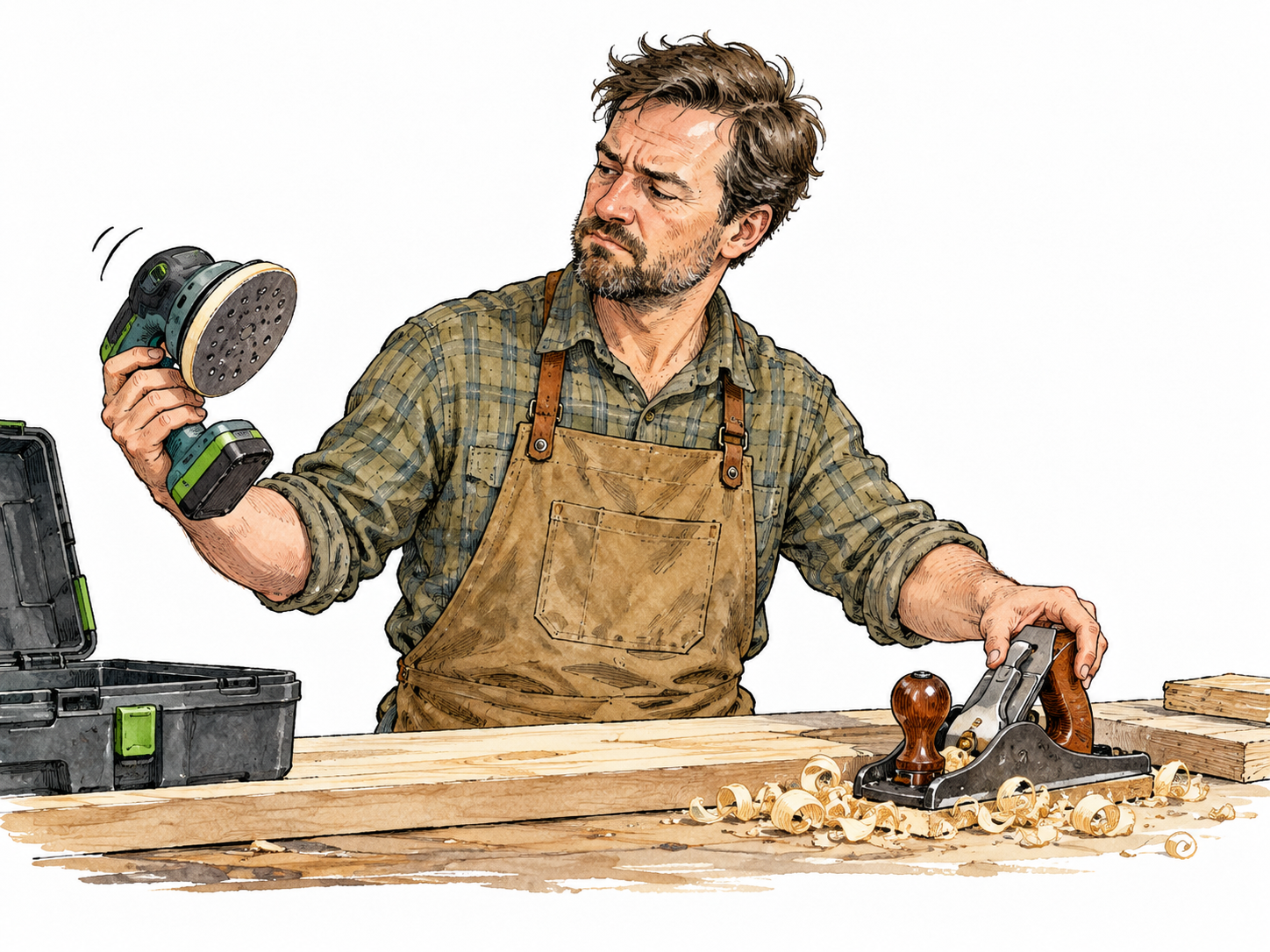 Person switches back from a new awkward tool to familiar old hand tool.