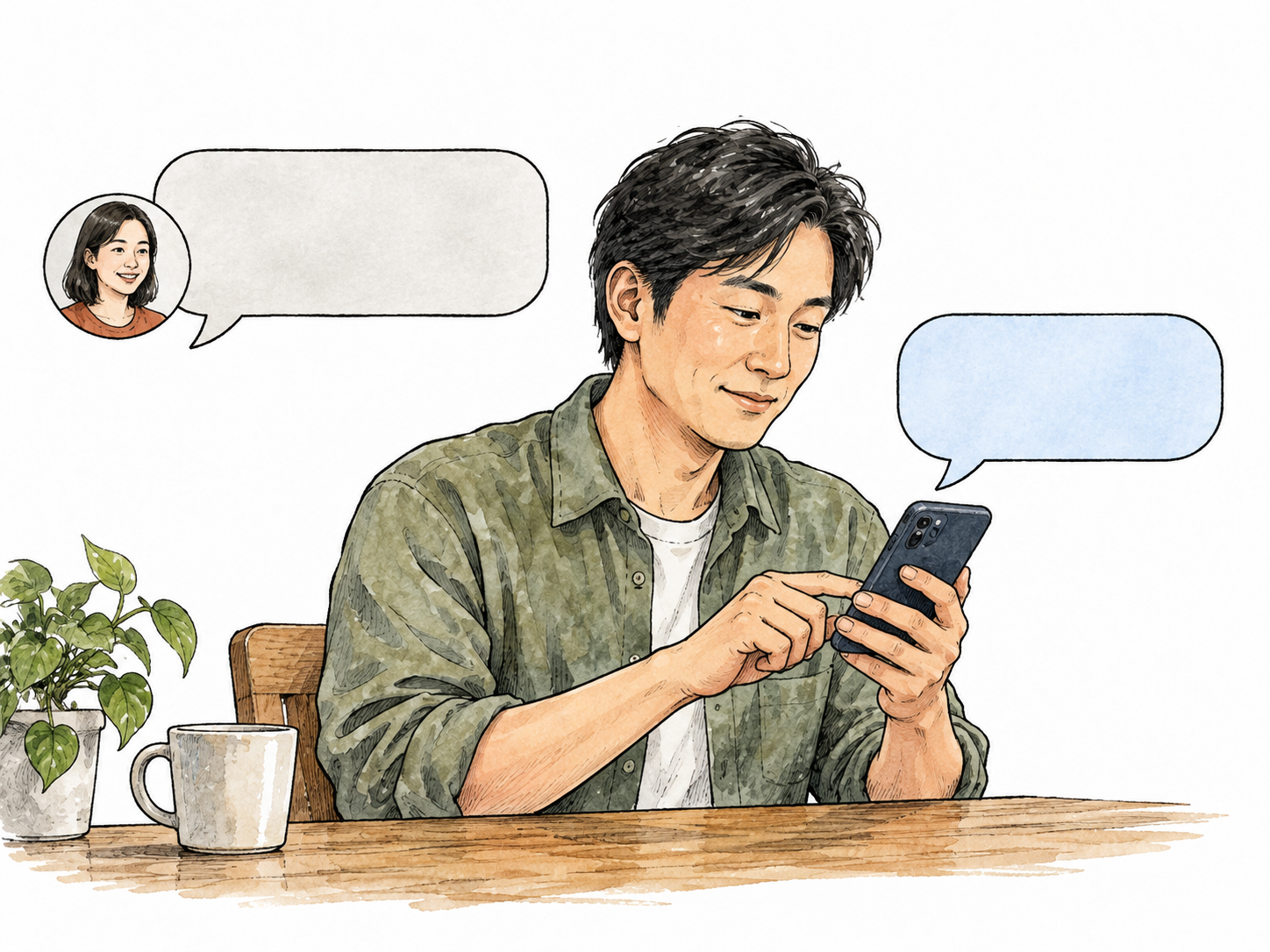 An East Asian adult answers another person's message on a phone, two simple opposing blank speech bubbles.