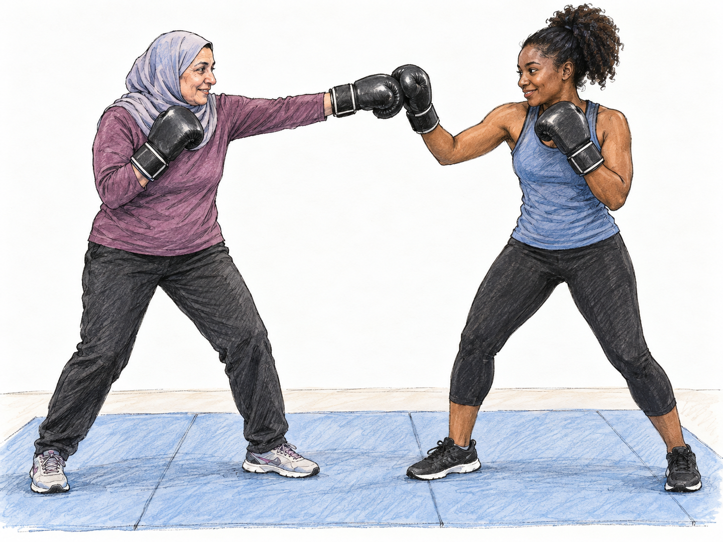 Two women practice light boxing together: one extends a controlled jab that gently meets the other's raised glove, with relaxed expressions and balanced training stances rather than forceful fighting.