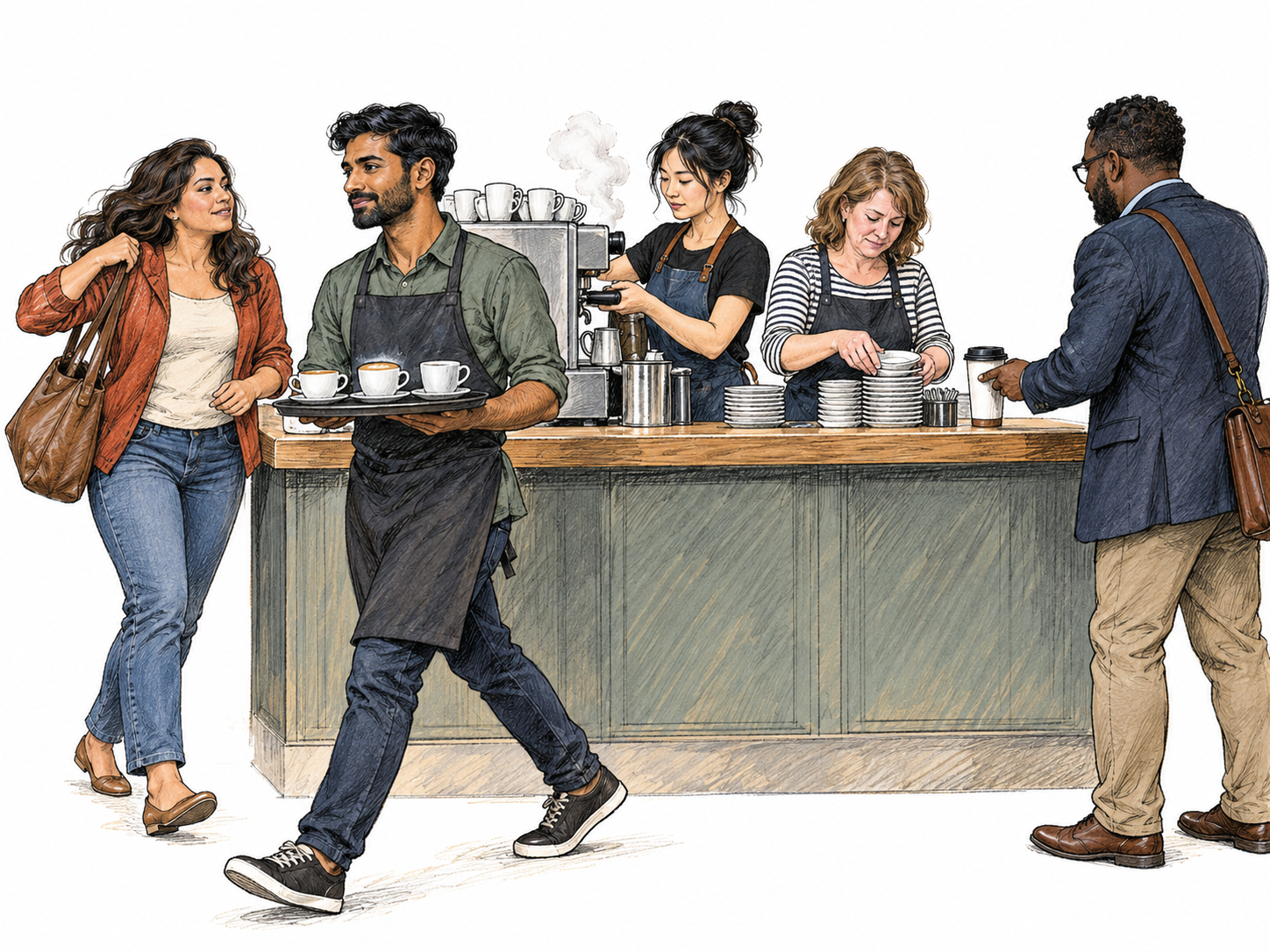 A compact, bustling café counter: overlapping serving, ordering, carrying and dish-clearing actions create a visibly busy, noisy hub of movement.