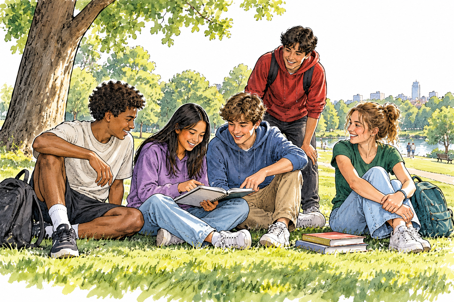 A lively group of teenagers play and learn together in a park, clearly the period before adulthood, natural modern variety.