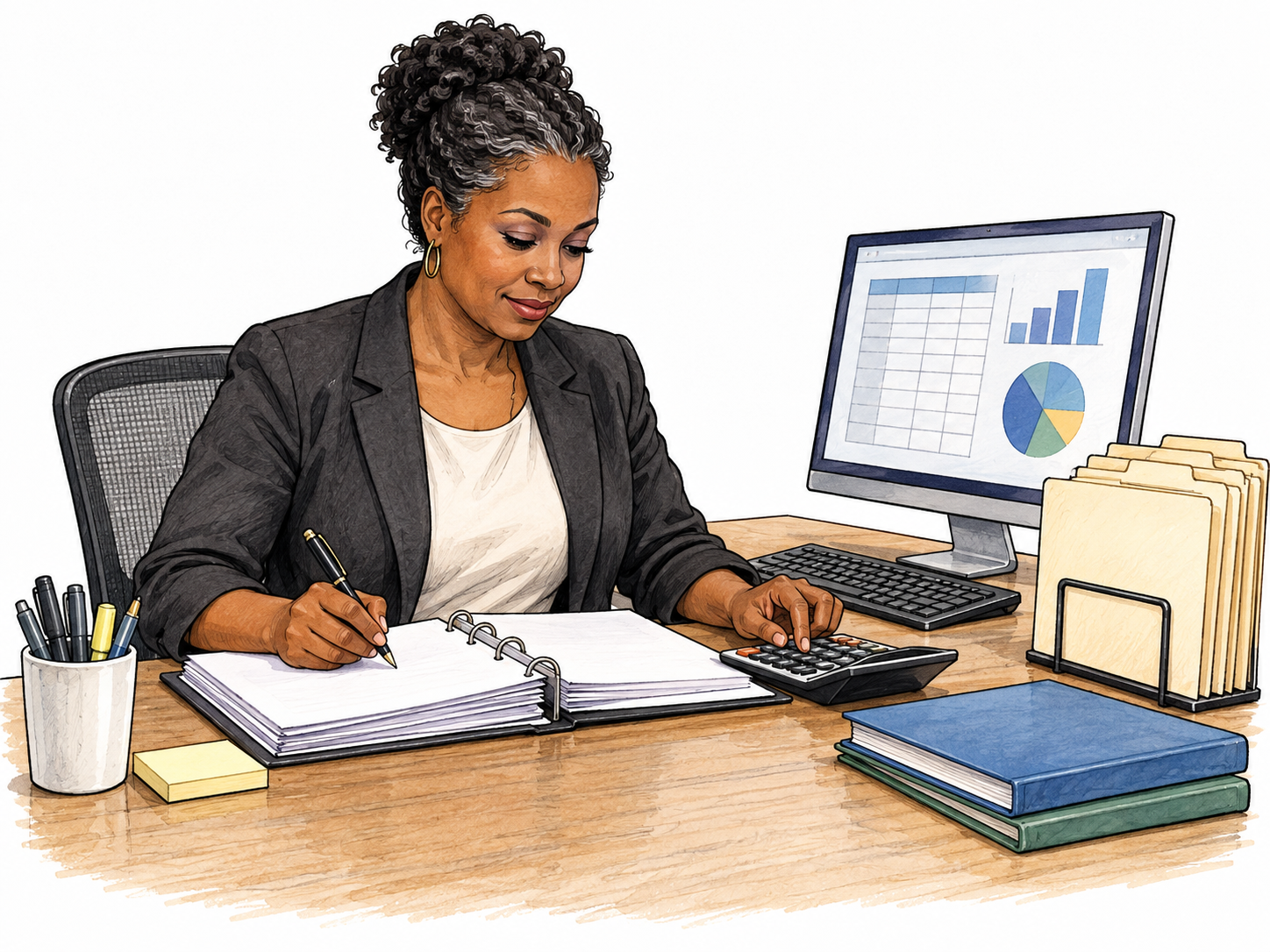 Compact modern office vignette: desk, chair, computer screen with abstract blocks, neatly filed blank folders; one adult working, no letters.