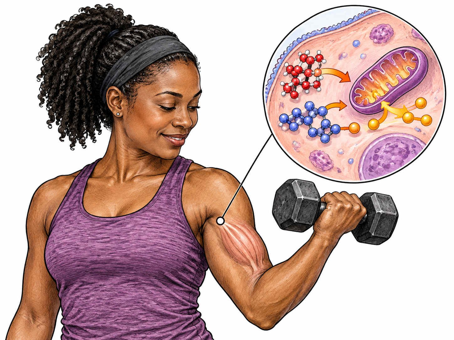 An adult's forearm and a small cellular inset show nutrient molecules undergoing chemical changes that support muscle activity and tissue building; restrained functional arrows, no magical glow or health advice.