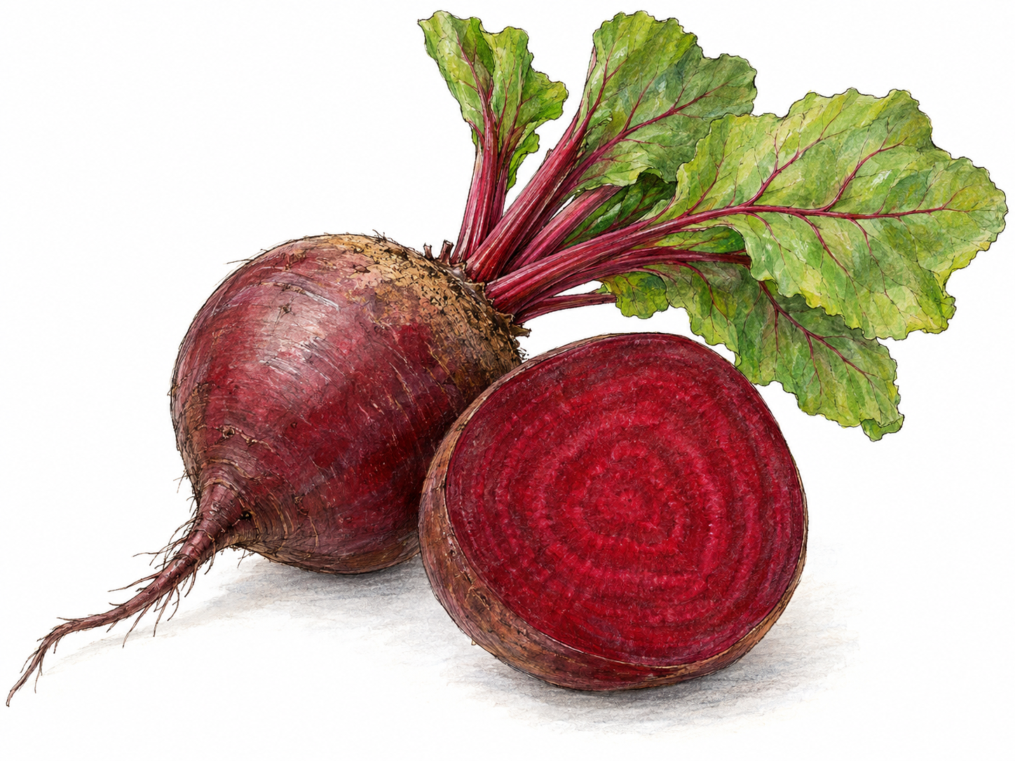A whole beet with attached leafy stems beside a halved beet, its cut face prominently revealing dark red flesh.