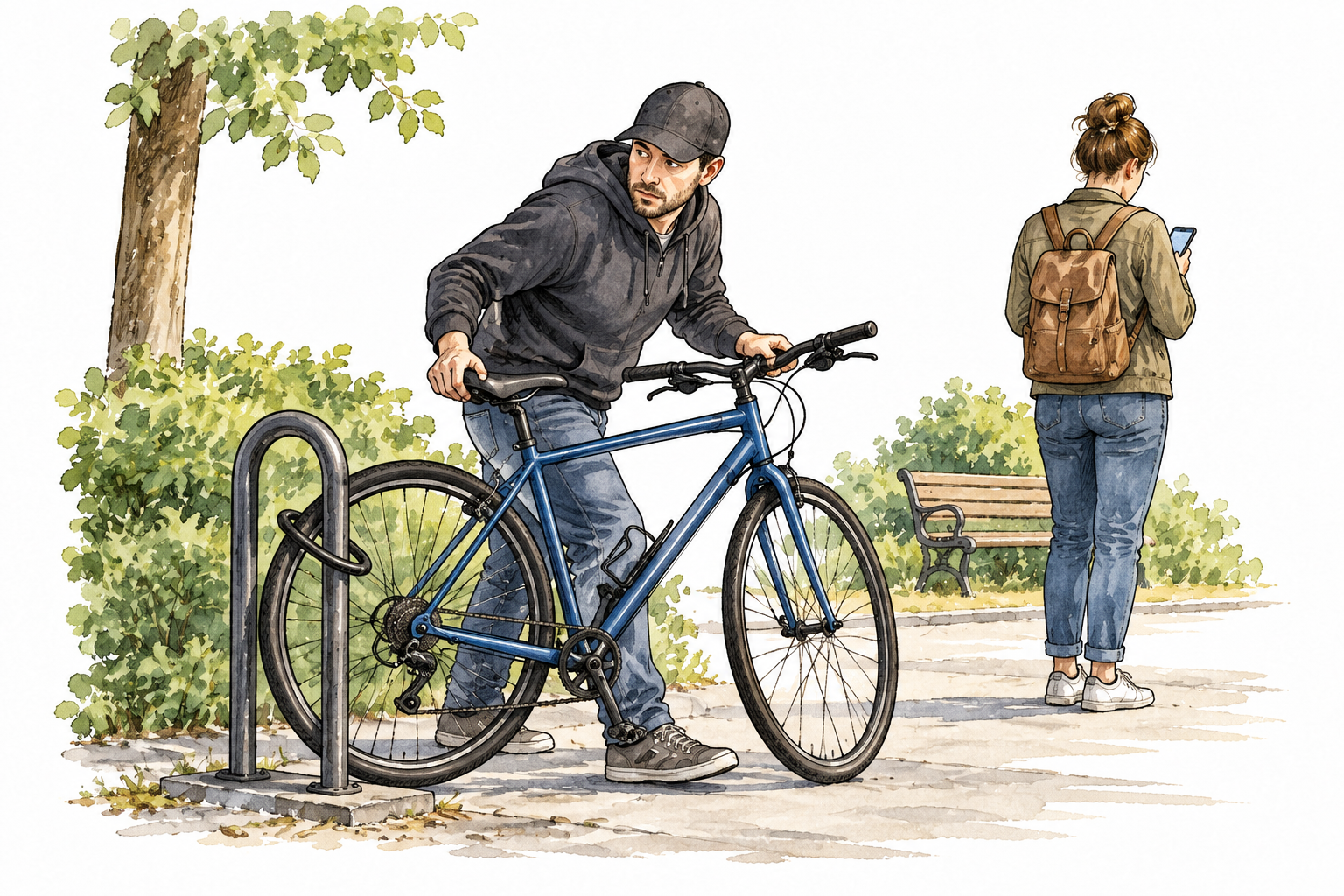 Adult discreetly takes another person's unattended bicycle without permission, victim nearby turned away.