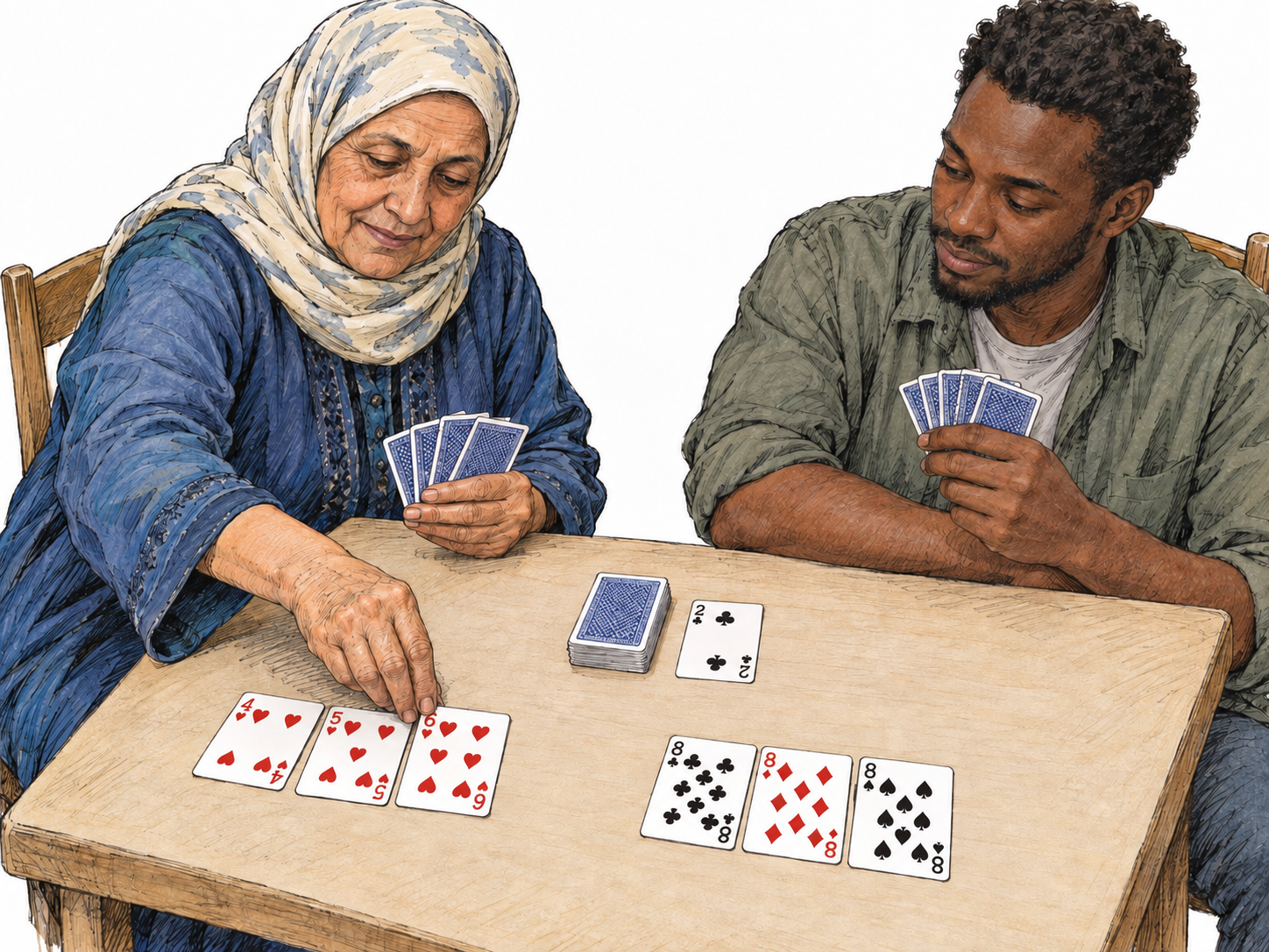 Close tabletop view of a rummy game in progress: a player lays the six of hearts beside the four and five of hearts, while a separate meld of three eights, a face-down draw pile and a face-up discard visibly establish set-and-sequence play.