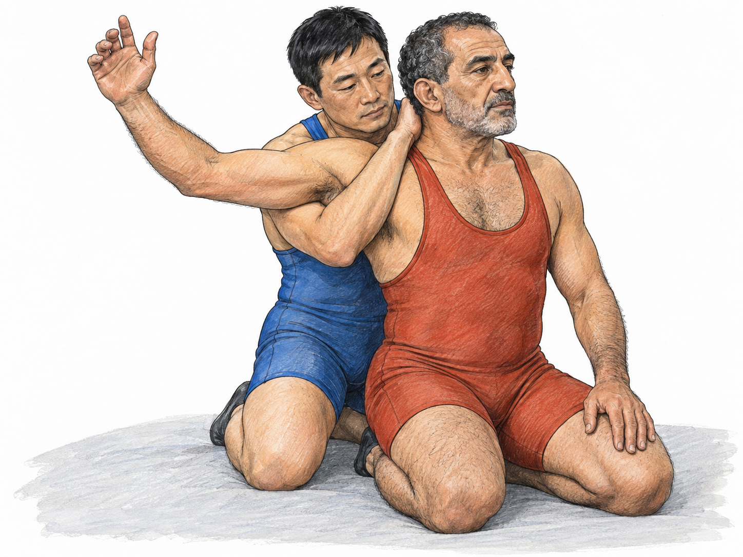 A rear three-quarter, upright kneeling half-nelson demonstration, exposing the controlling arm rising through the opponent's armpit to the back of his neck.