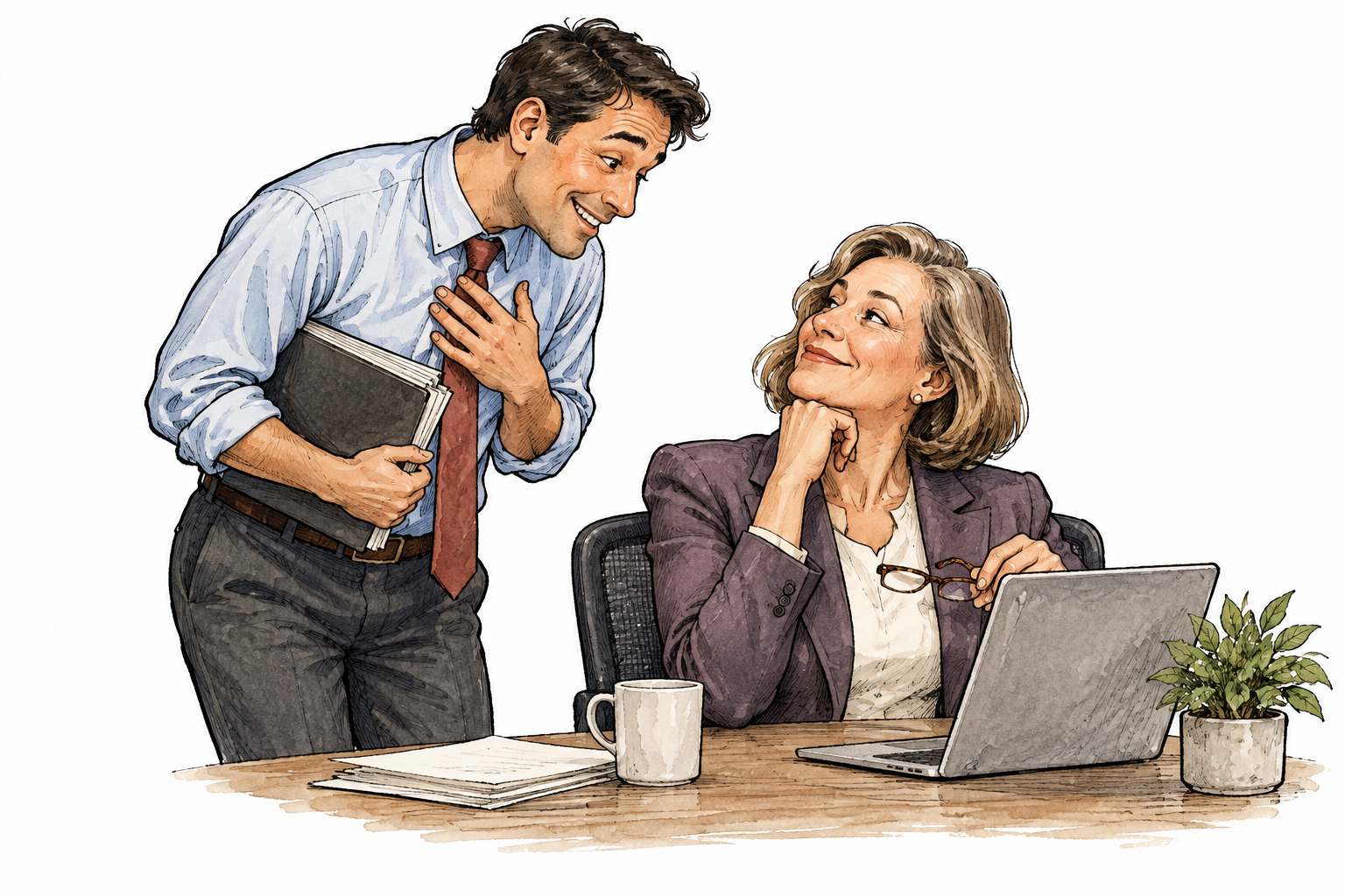 An employee flatters a supervisor with exaggerated praise while seeking favor, realistic restrained body language.
