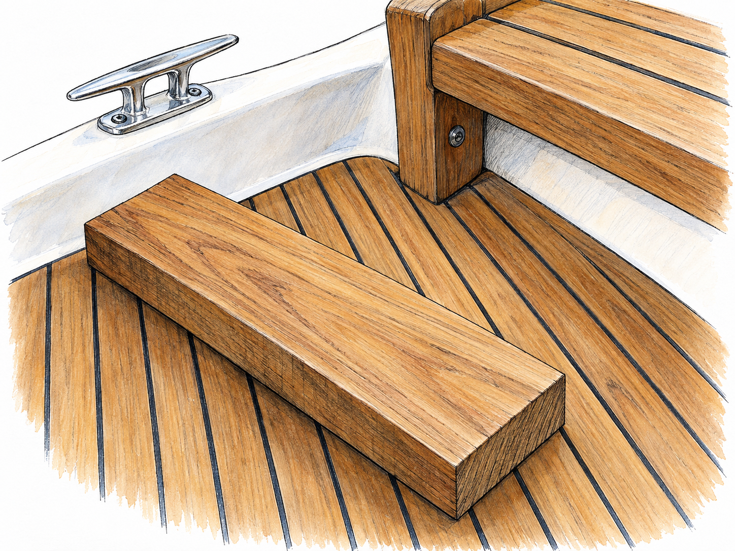 Make teak wood the dominant subject in a close, realistically staged boat-deck detail: exposed golden-brown decking with black caulk seams, a loose thick teak offcut showing face and end grain, and a cropped slatted teak seat made from the same material.