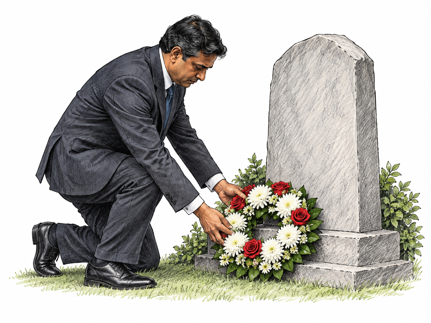 An adult formally lays a circular flower wreath at the base of a simple commemorative stone, head respectfully inclined; compact isolated ceremony scene, stone has no inscription.